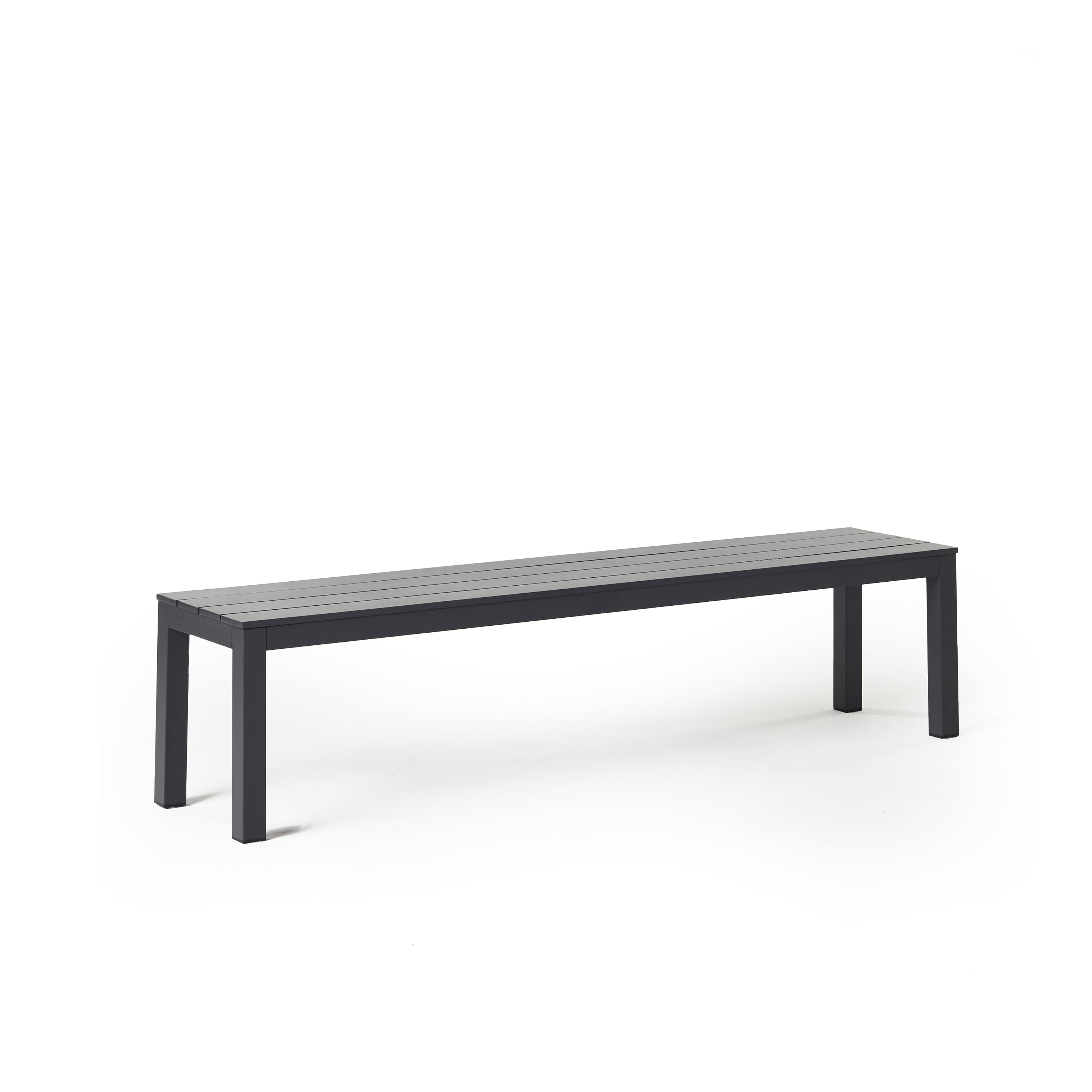 Belvedere Backless Dining Bench by Terra Outdoor Living, crafted from durable aluminum with a modern, streamlined slatted design, featuring clean architectural lines and an airy silhouette for versatile outdoor seating.
