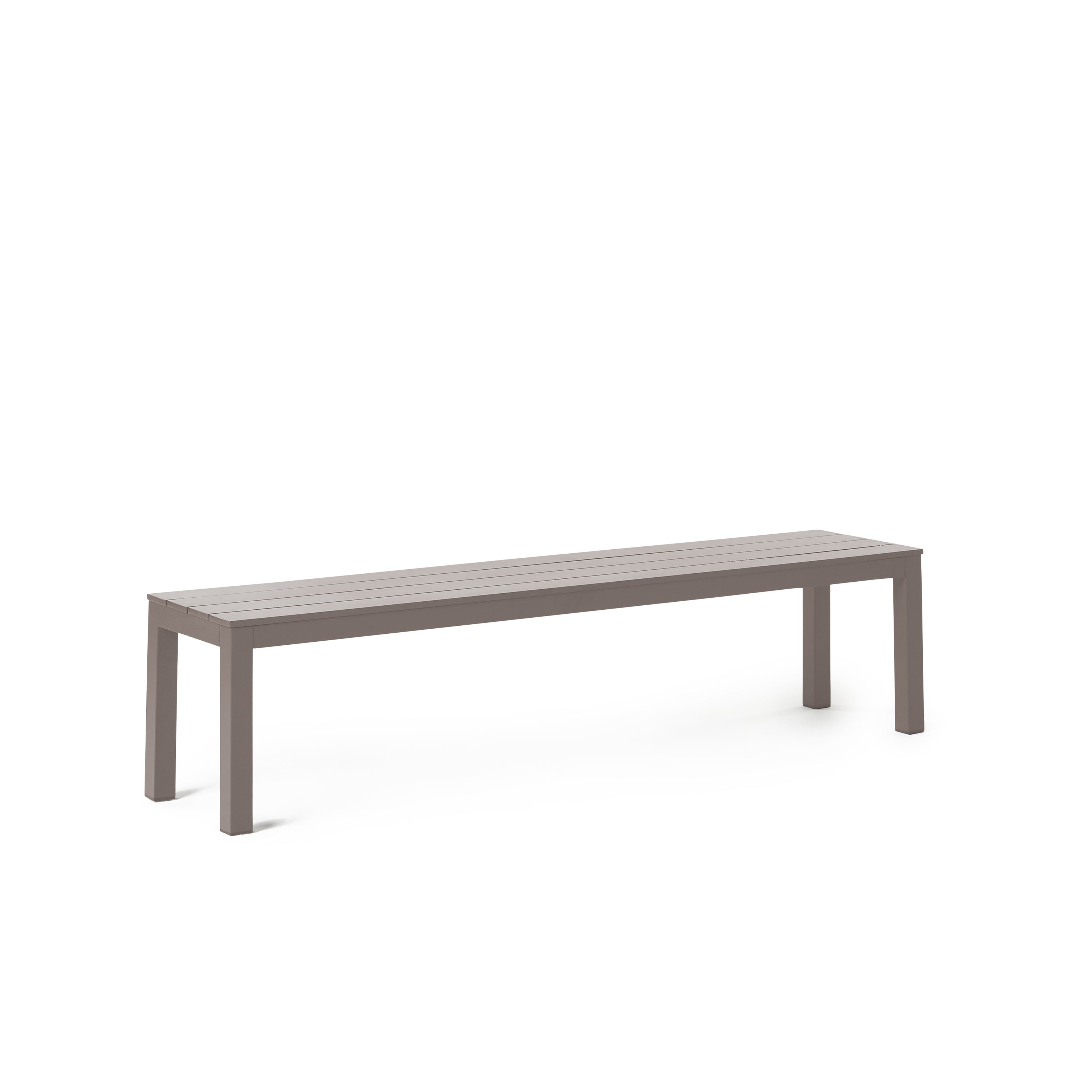 Belvedere Backless Dining Bench in Quartz Grey by Terra Outdoor Living, crafted from durable aluminum with a modern, streamlined slatted design, featuring clean architectural lines and an airy silhouette for versatile outdoor seating.
