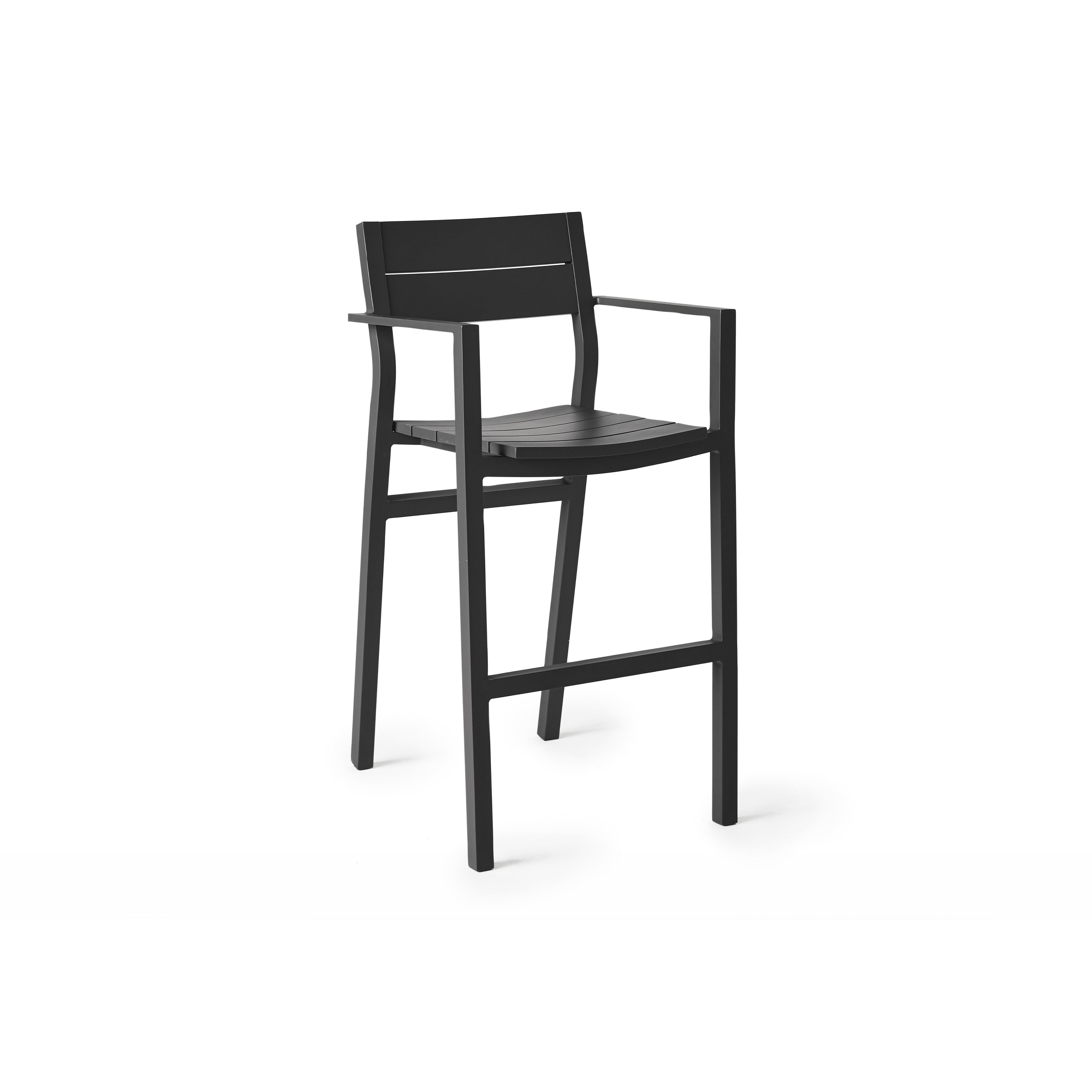 Belvedere Bar Chair in Charcoal by Terra Outdoor Living, featuring a sleek aluminum frame with a slightly scooped seat, flared back, and integrated footrest, all designed with clean architectural lines and a crisp, modern silhouette.