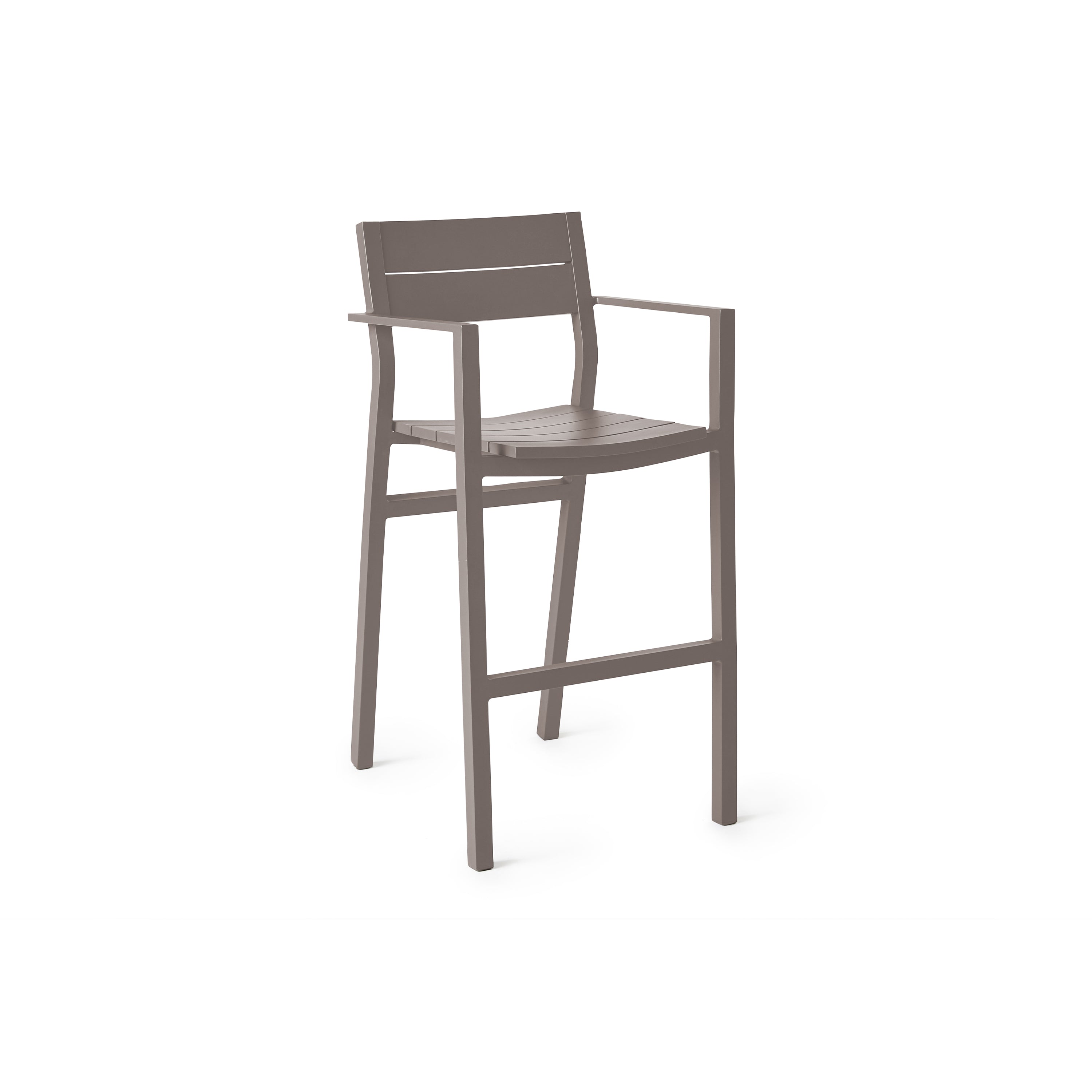 Belvedere Bar Chair in Quartz Grey by Terra Outdoor Living, featuring a sleek aluminum frame with a slightly scooped seat, flared back, and integrated footrest, all designed with clean architectural lines and a crisp, modern silhouette.