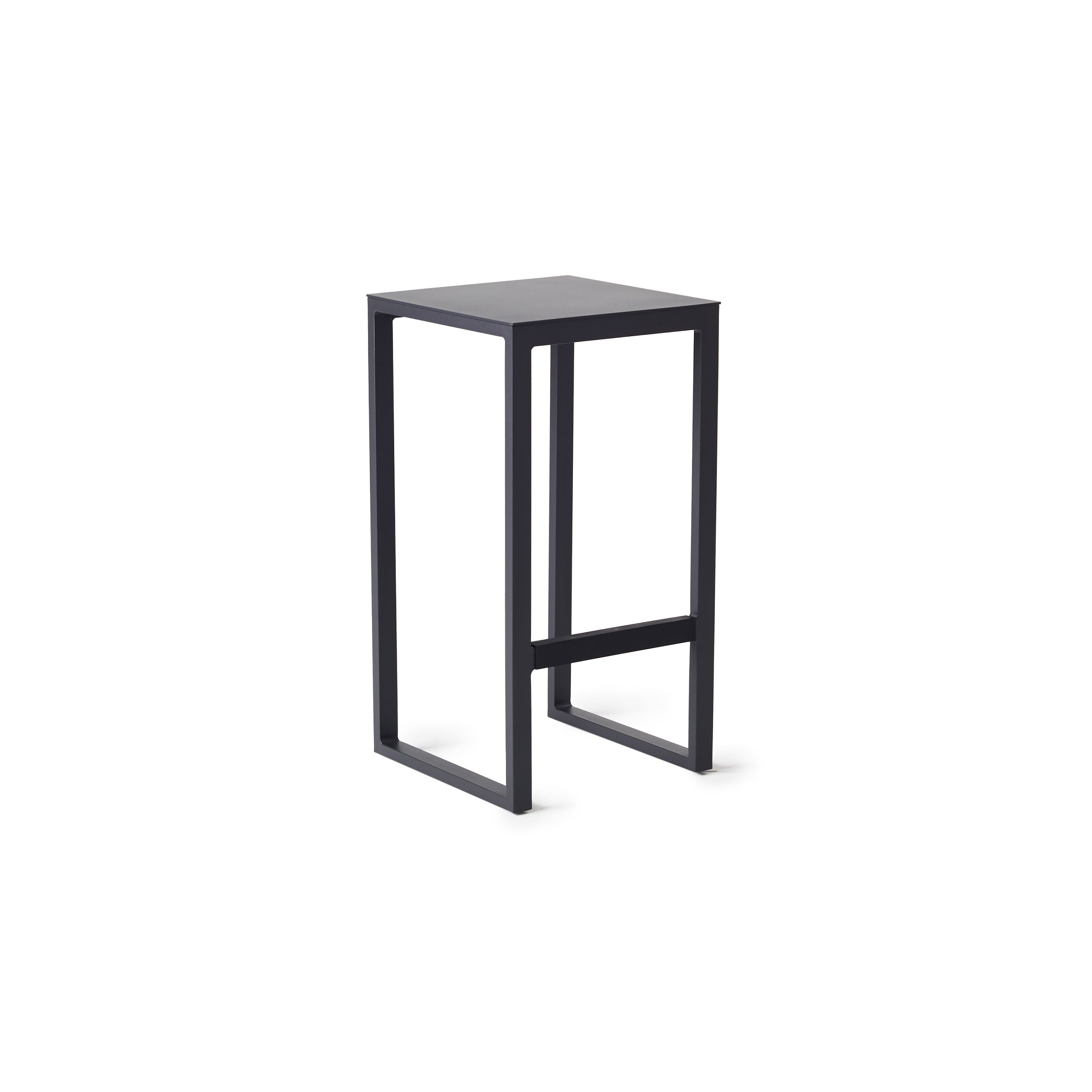 Belvedere Backless Bar Stool in Charcoal by Terra Outdoor Living, showcasing a streamlined aluminum frame with an integrated footrest for enhanced comfort, crafted with clean architectural lines and a modern, minimalist design.