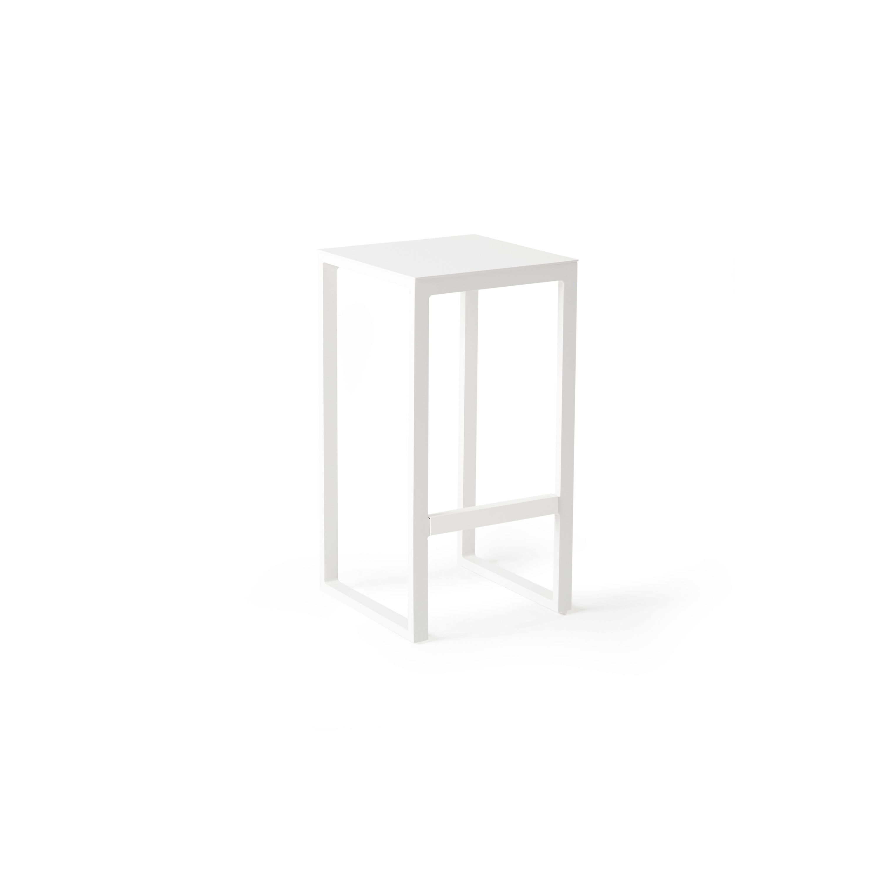 Belvedere Backless Bar Stool in White by Terra Outdoor Living, showcasing a streamlined aluminum frame with an integrated footrest for enhanced comfort, crafted with clean architectural lines and a modern, minimalist design.
