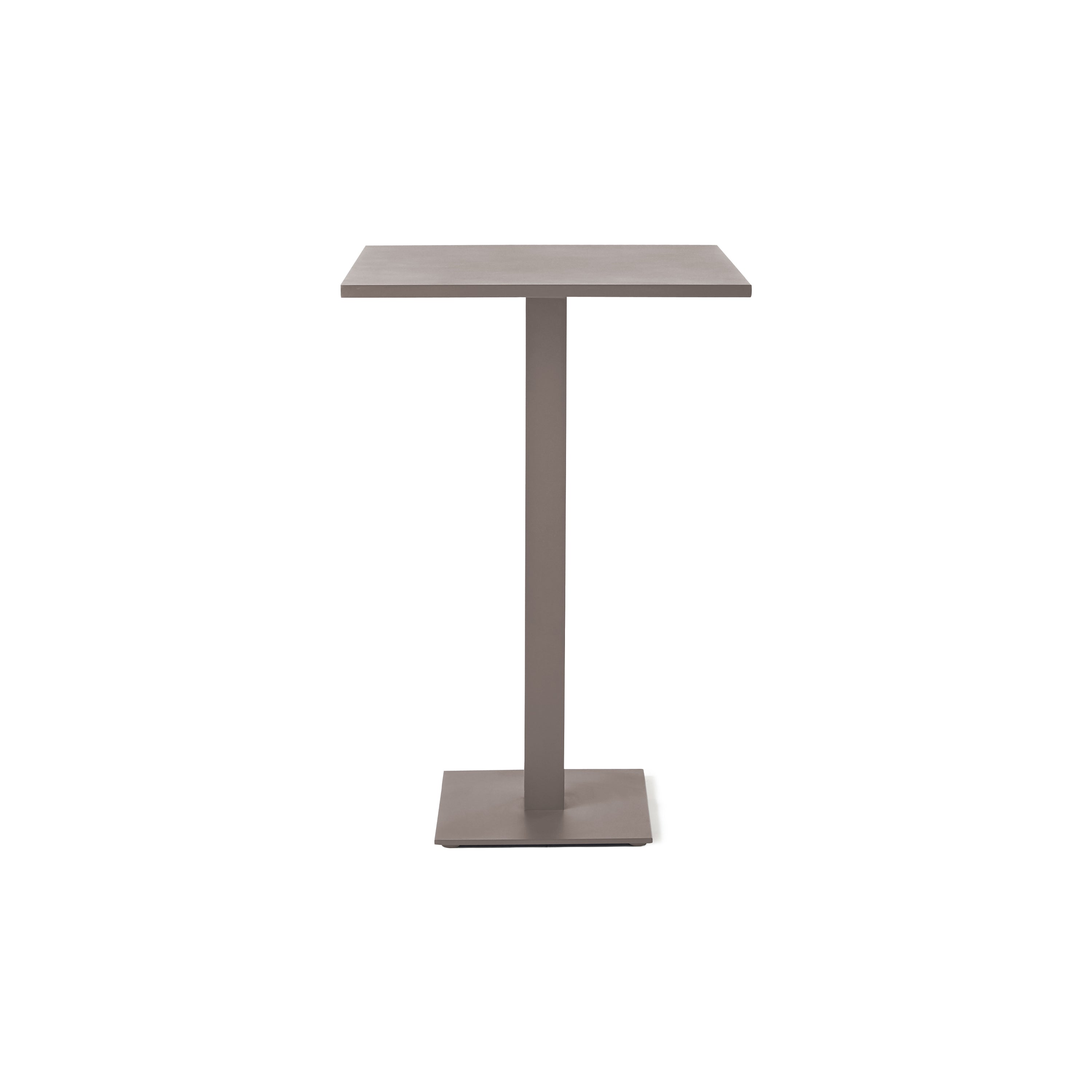 Belvedere Bar Table in Quartz Grey by Terra Outdoor Living, is a square bar table crafted from durable aluminum with sleek architectural lines and a weighted pedestal base for stability, offering comfortable seating for up to 2.