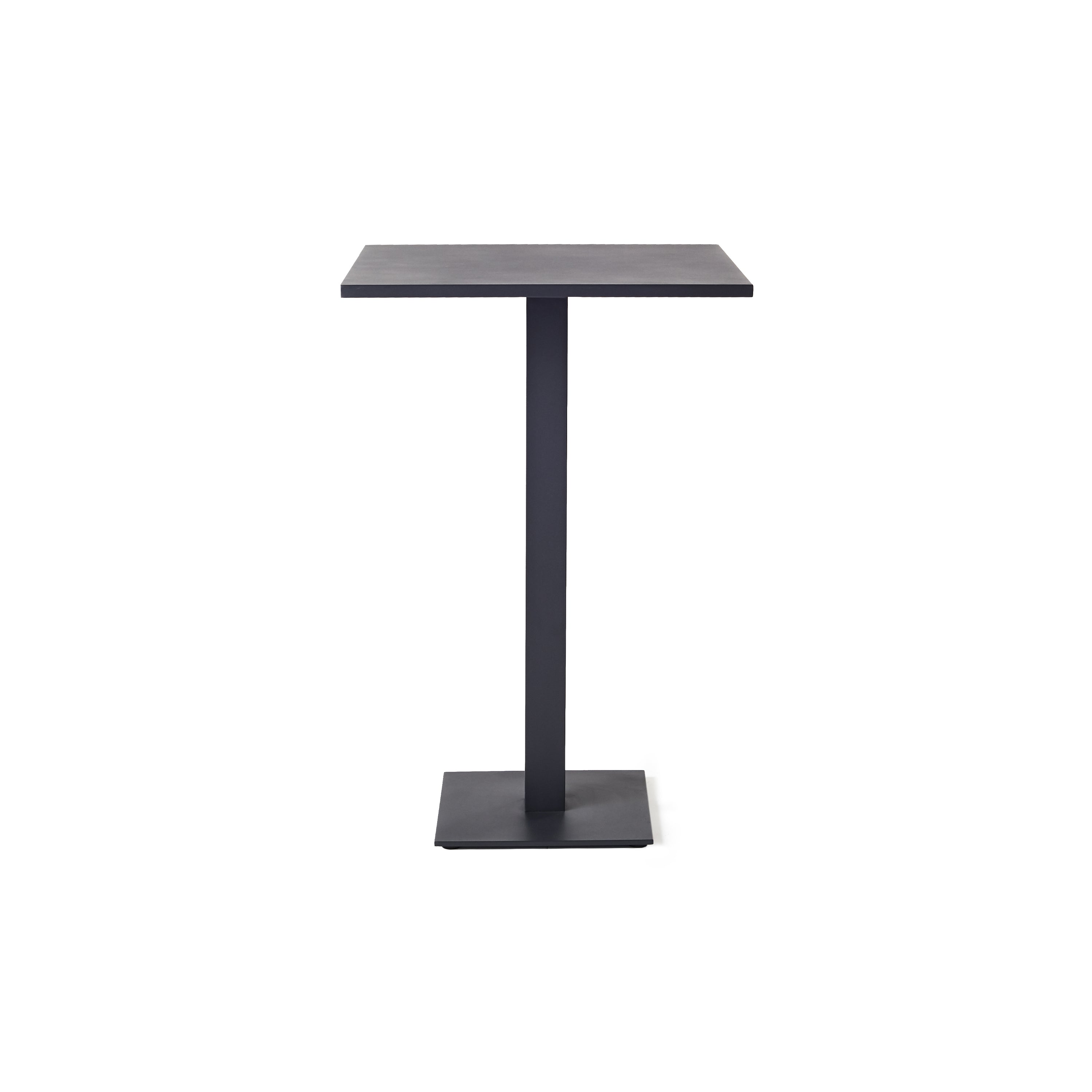 Belvedere Bar Table in Charcoal by Terra Outdoor Living, is a square bar table crafted from durable aluminum with sleek architectural lines and a weighted pedestal base for stability, offering comfortable seating for up to 2.