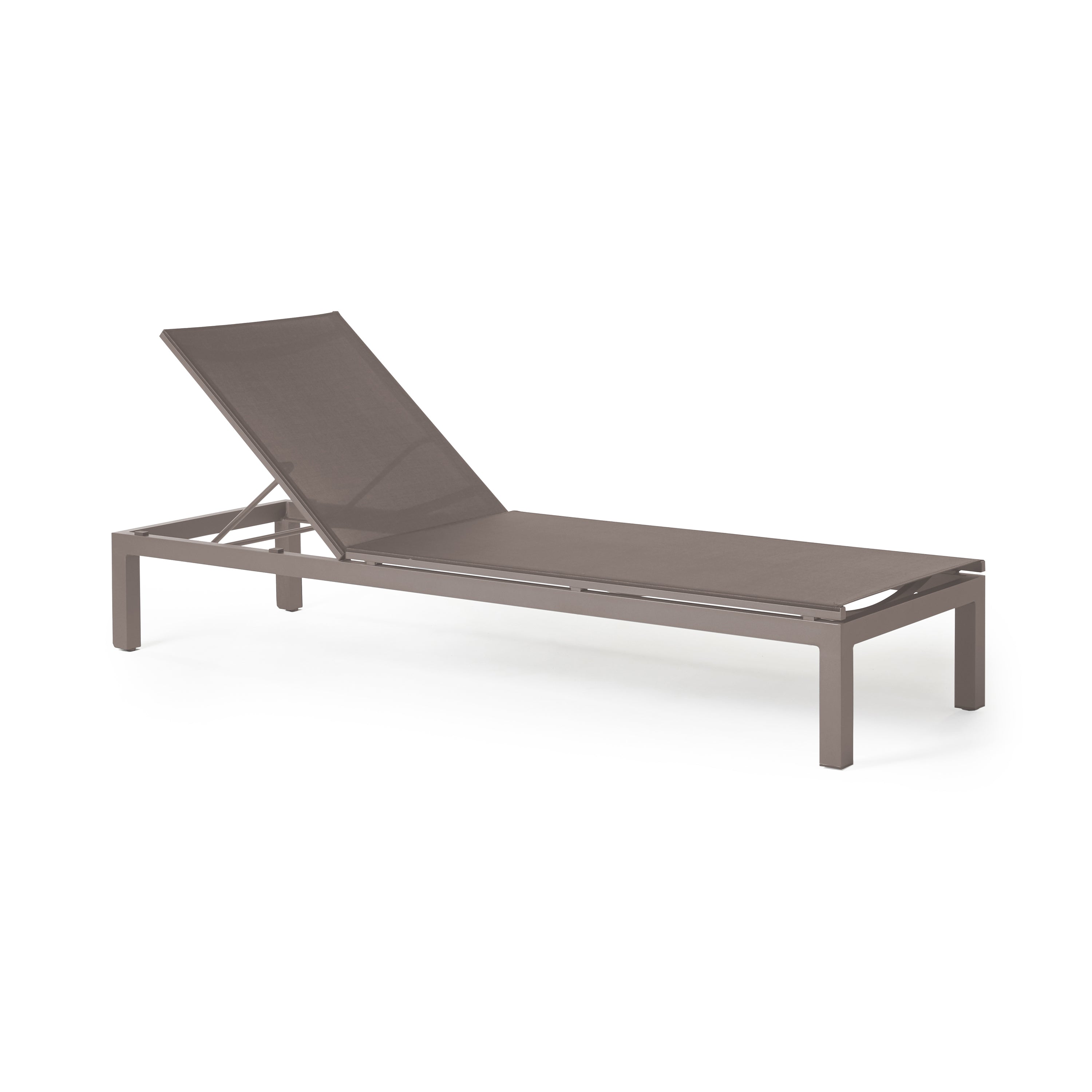 Belvedere Chaise by Terra Outdoor Living in Quartz Grey, featuring a sleek aluminum frames and Textilene sling fabric that resists tears, retains shape, and dries quickly. This chaise reclines to 5 positions, including fully flat, with hidden wheels for easy maneuvering, offering comfort and durability for years of outdoor relaxation.