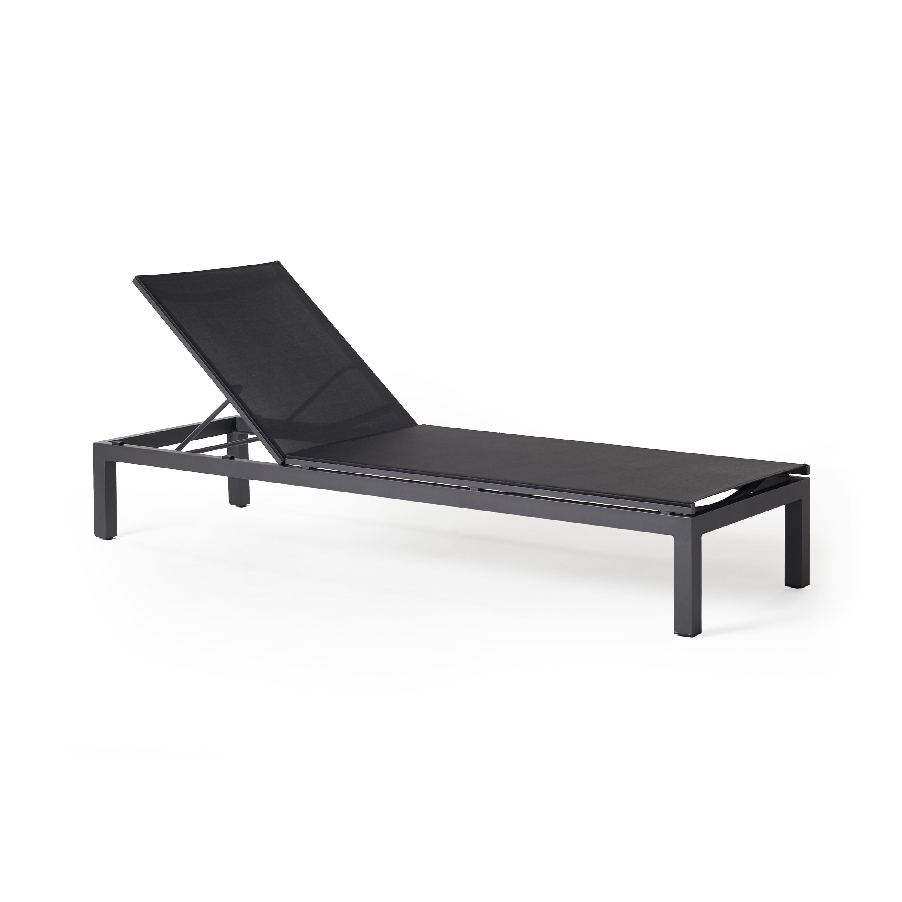 Belvedere Chaise by Terra Outdoor Living, featuring a sleek aluminum frames and Textilene sling fabric that resists tears, retains shape, and dries quickly. This chaise reclines to 5 positions, including fully flat, with hidden wheels for easy maneuvering, offering comfort and durability for years of outdoor relaxation.