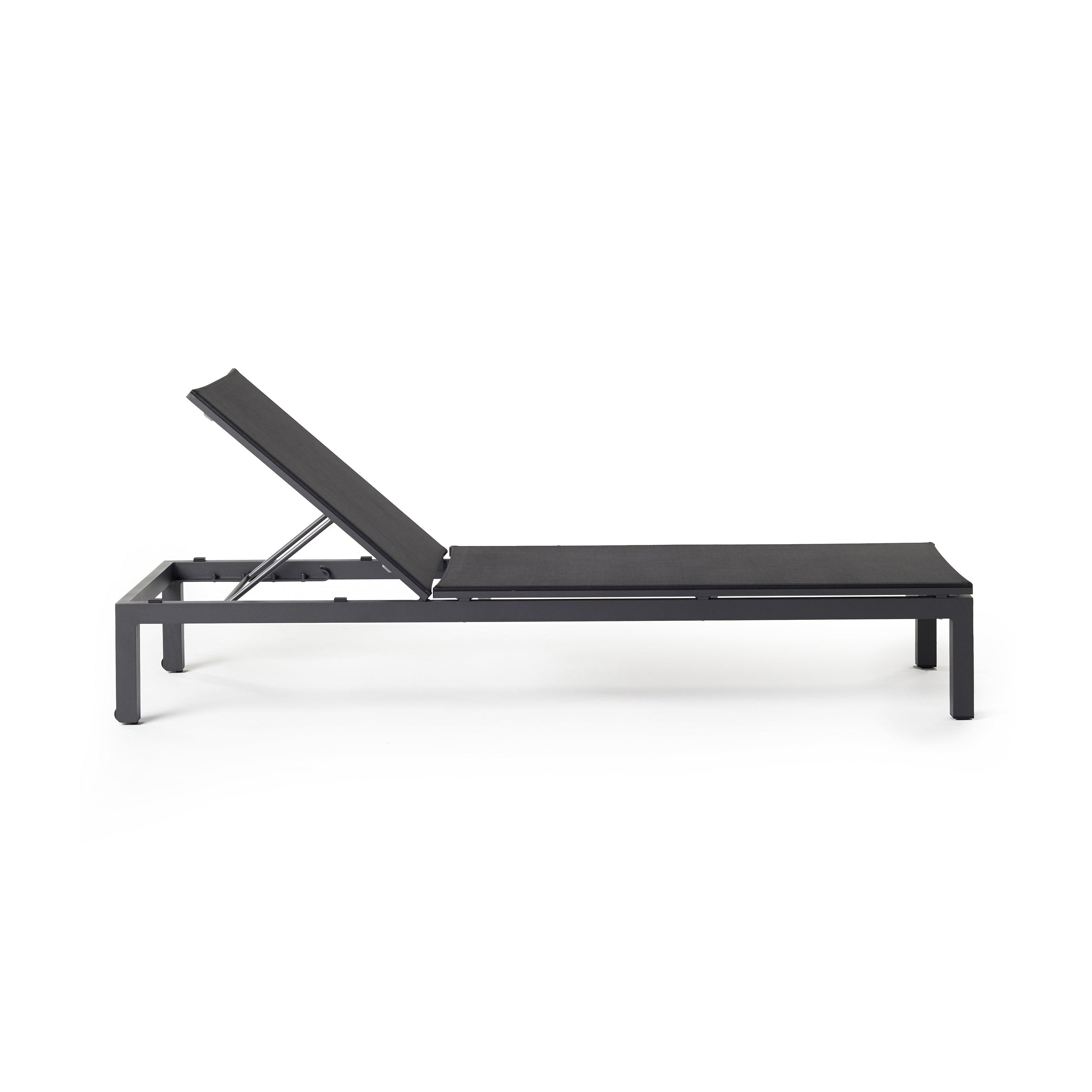 Belvedere Chaise by Terra Outdoor Living, featuring a sleek aluminum frames and Textilene sling fabric that resists tears, retains shape, and dries quickly. This chaise reclines to 5 positions, including fully flat, with hidden wheels for easy maneuvering, offering comfort and durability for years of outdoor relaxation.