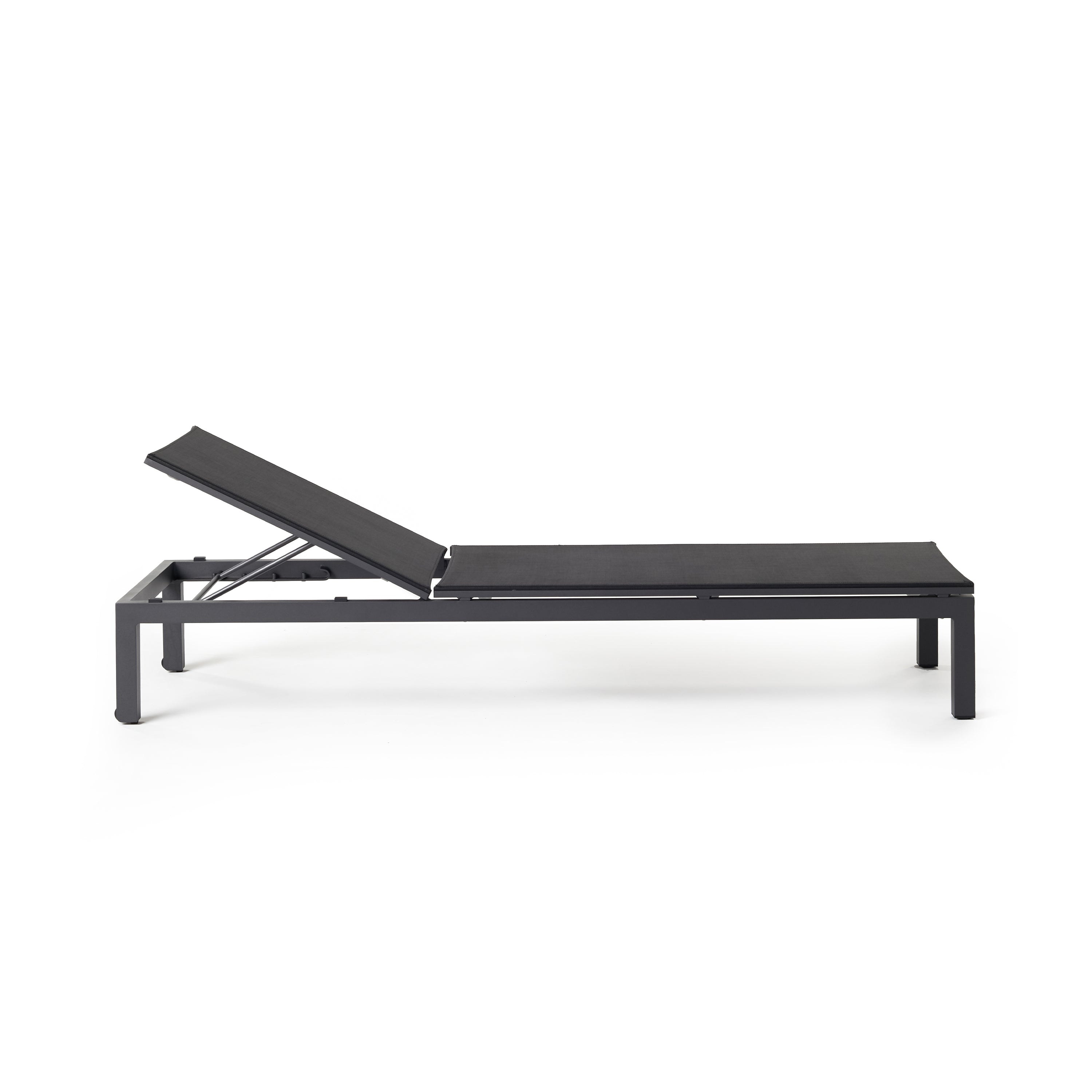 Belvedere Chaise by Terra Outdoor Living, featuring a sleek aluminum frames and Textilene sling fabric that resists tears, retains shape, and dries quickly. This chaise reclines to 5 positions, including fully flat, with hidden wheels for easy maneuvering, offering comfort and durability for years of outdoor relaxation.