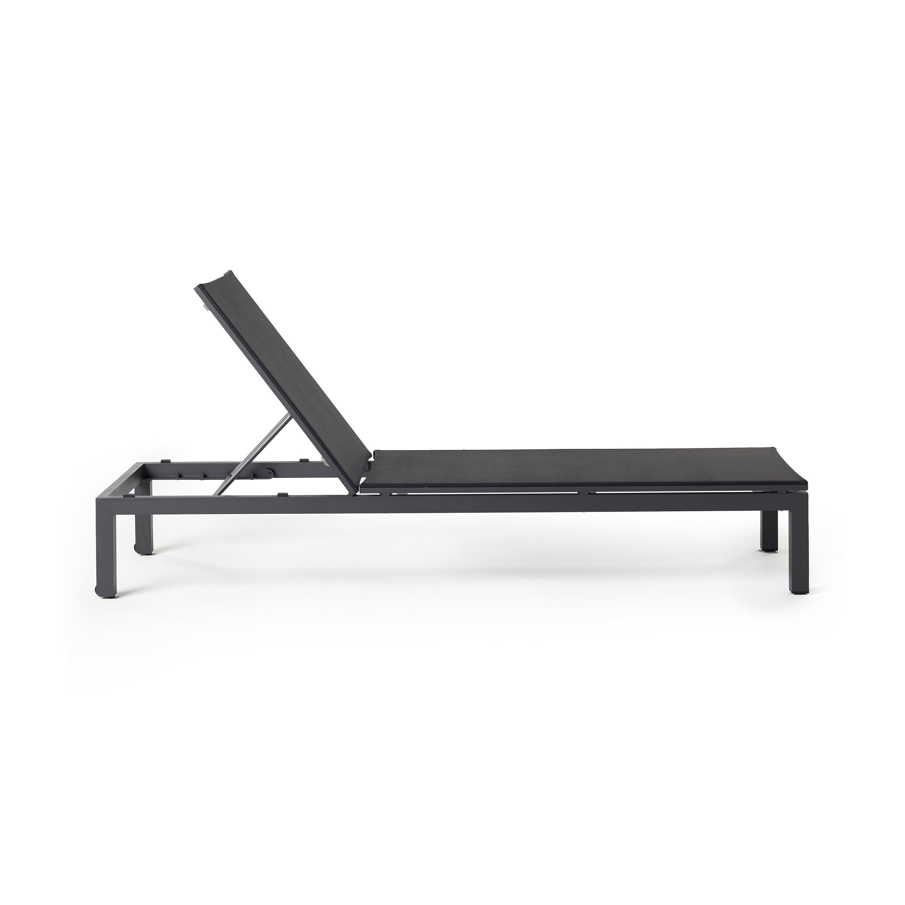 Belvedere Chaise by Terra Outdoor Living, featuring a sleek aluminum frames and Textilene sling fabric that resists tears, retains shape, and dries quickly. This chaise reclines to 5 positions, including fully flat, with hidden wheels for easy maneuvering, offering comfort and durability for years of outdoor relaxation.