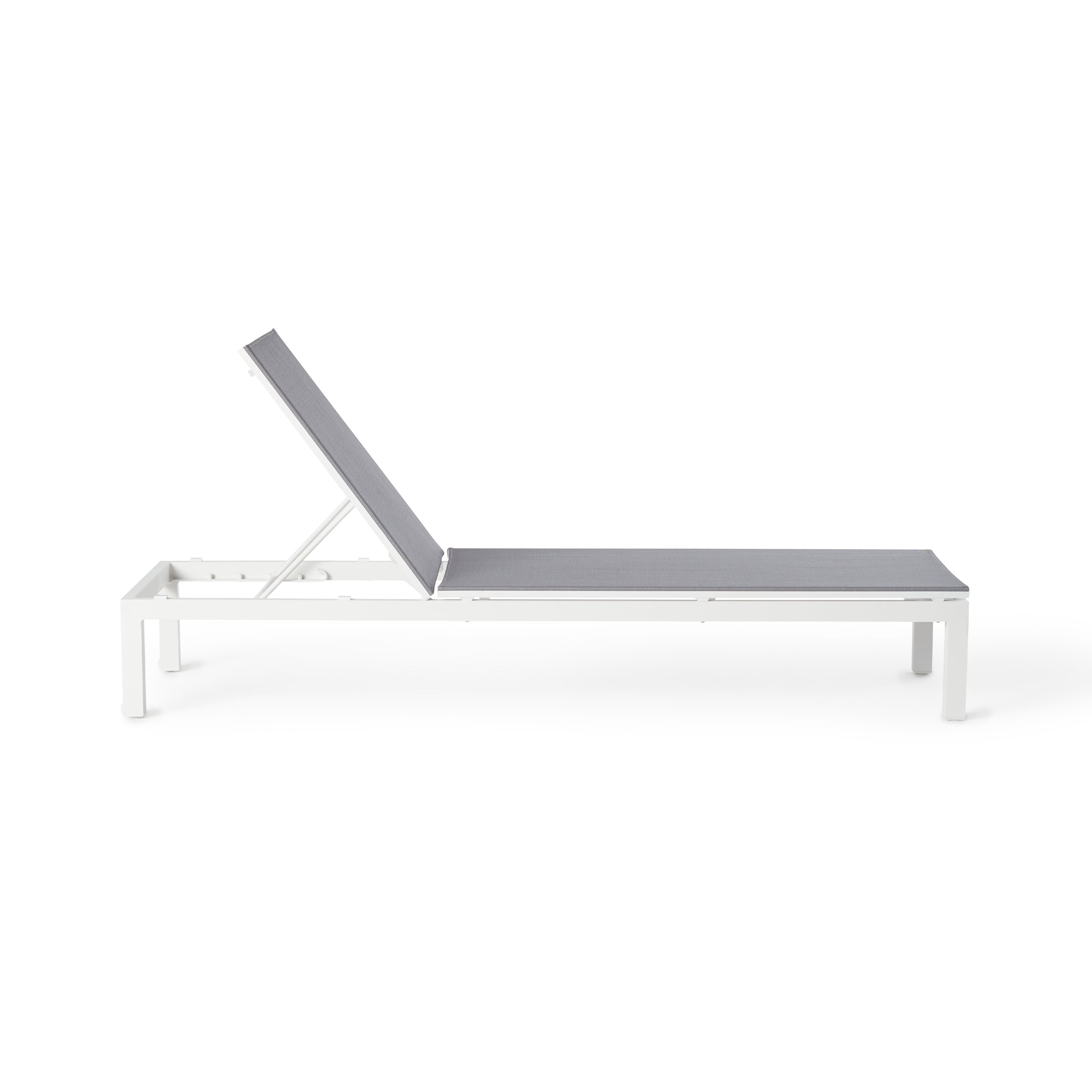 Belvedere Chaise by Terra Outdoor Living in White, featuring a sleek aluminum frames and silver-grey colored Textilene sling fabric that resists tears, retains shape, and dries quickly. This chaise reclines to 5 positions, including fully flat, with hidden wheels for easy maneuvering, offering comfort and durability for years of outdoor relaxation.