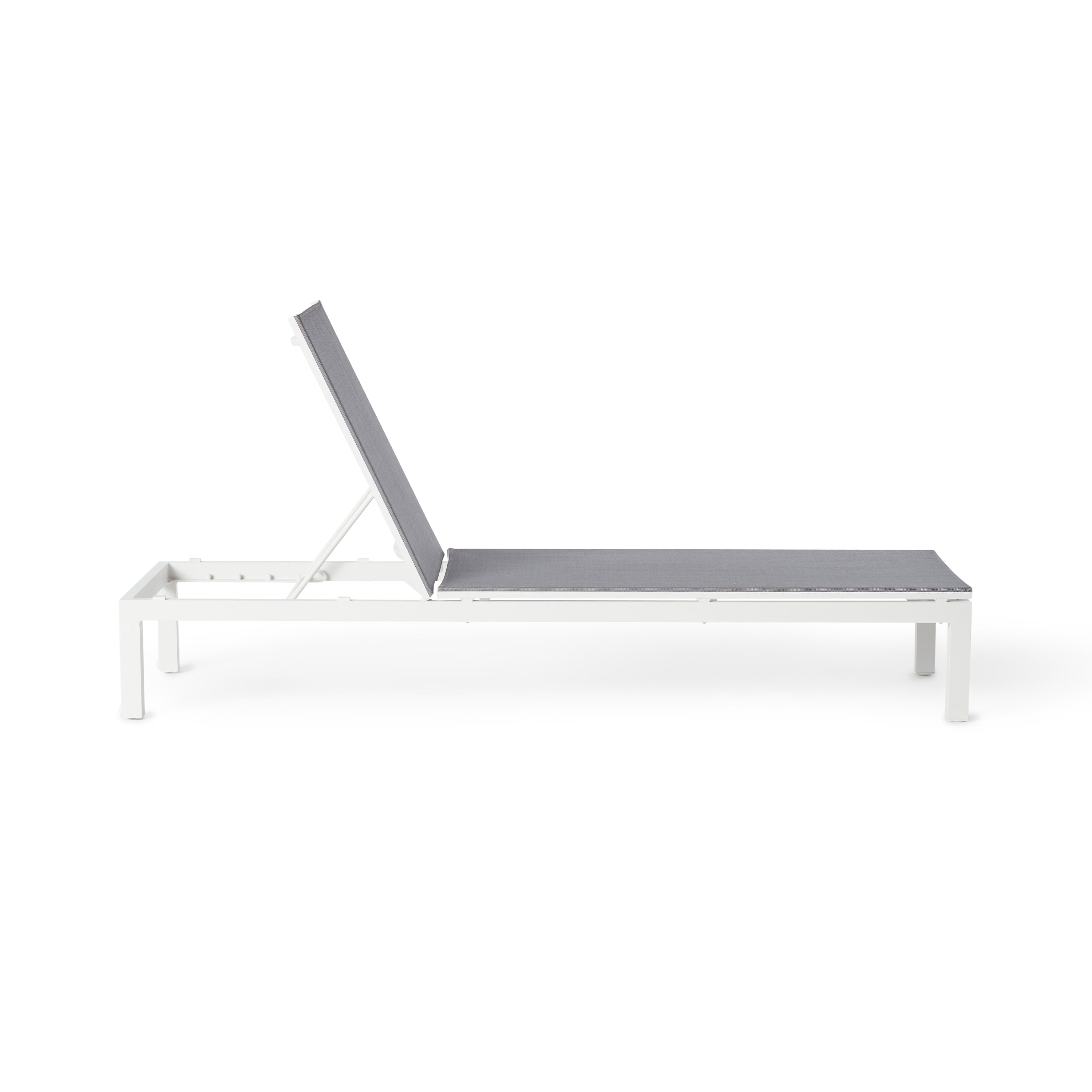 Belvedere Chaise by Terra Outdoor Living in White, featuring a sleek aluminum frames and silver-grey colored Textilene sling fabric that resists tears, retains shape, and dries quickly. This chaise reclines to 5 positions, including fully flat, with hidden wheels for easy maneuvering, offering comfort and durability for years of outdoor relaxation.