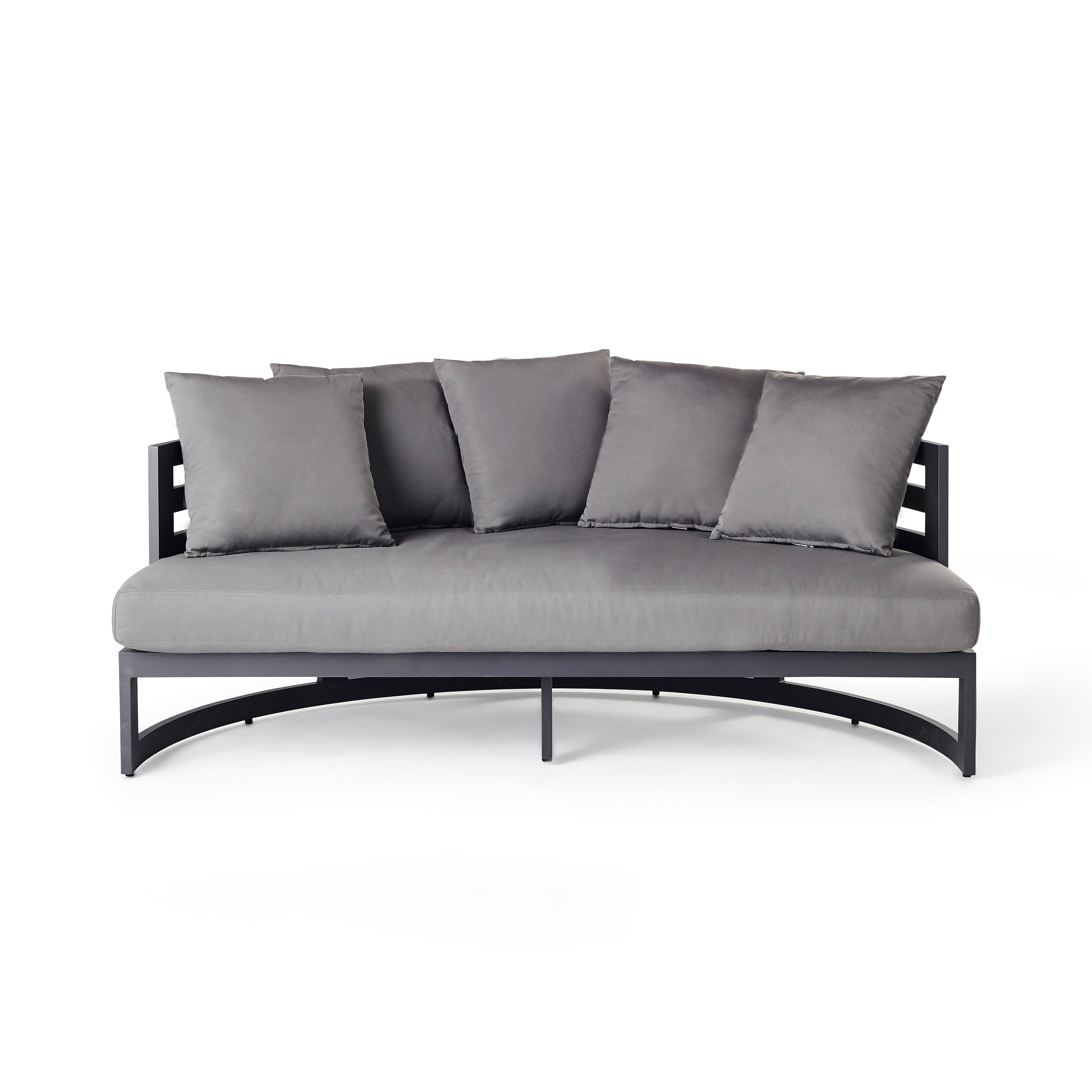 Belvedere Daybed Seat and Back by Terra Outdoor Living, crafted from durably finished aluminum with thick Sunbrella® cushions, features a modular back and ottoman design that can be used together or separately, with this back component including one bottom cushion and four back pillows for ultimate lounging comfort.