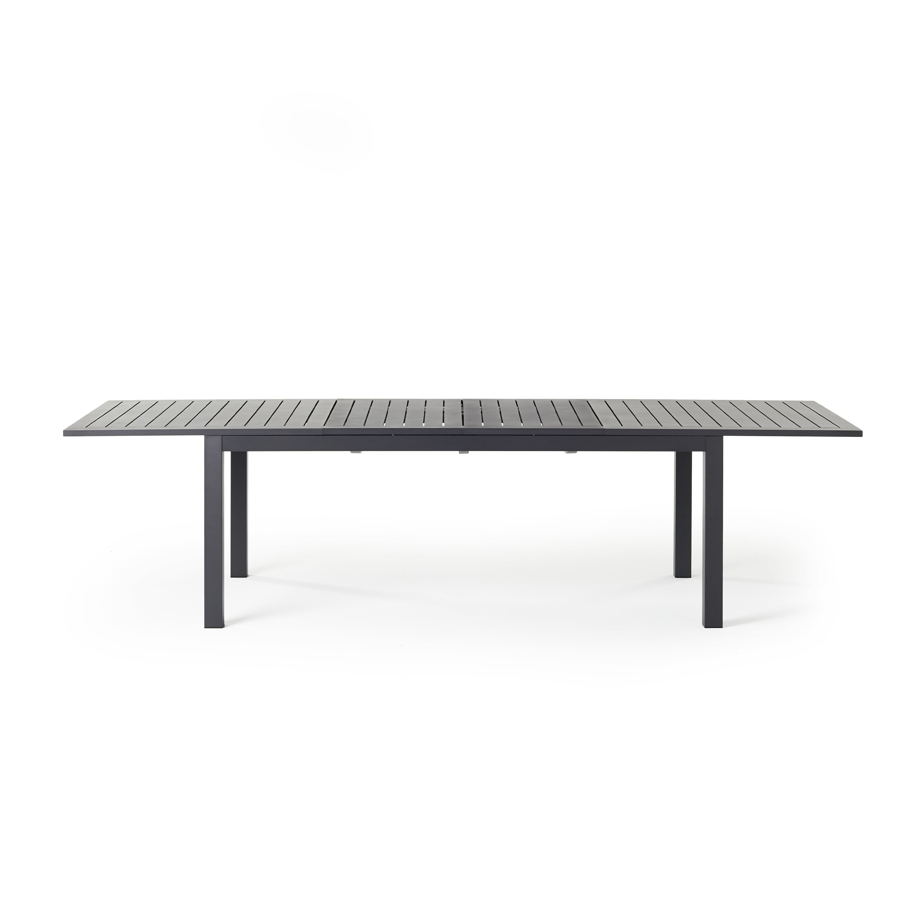 Belvedere Extension Dining Table in Charcoal by Terra Outdoor Living, crafted from durable aluminum with a sleek, modern design, featuring clean architectural lines, an airy silhouette, and built-in extension leaves for versatile outdoor entertaining. Shown at full extension to seat up to 10.