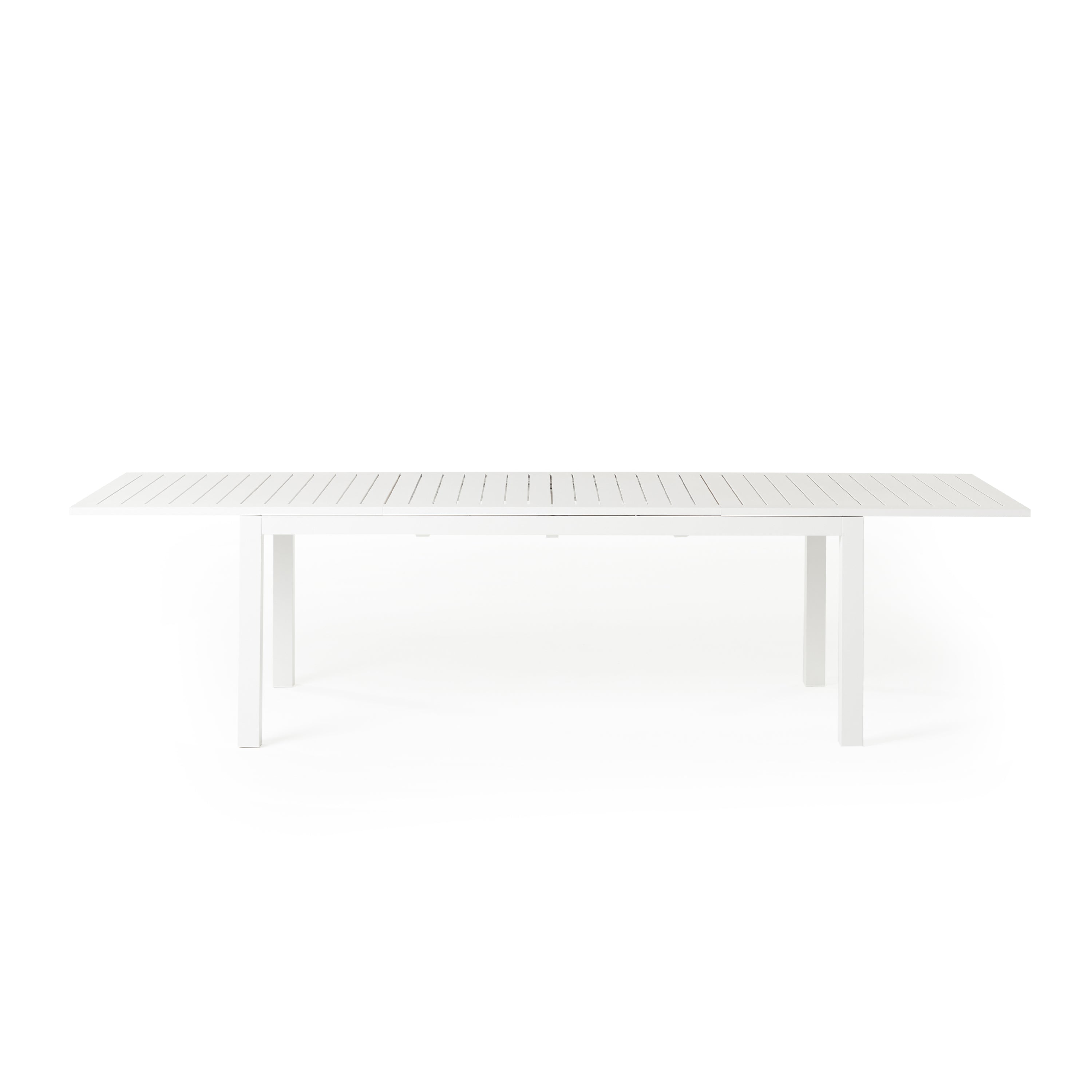 Belvedere Extension Dining Table in White by Terra Outdoor Living, crafted from durable aluminum with a sleek, modern design, featuring clean architectural lines, an airy silhouette, and built-in extension leaves for versatile outdoor entertaining. Shown at full extension to seat up to 10.