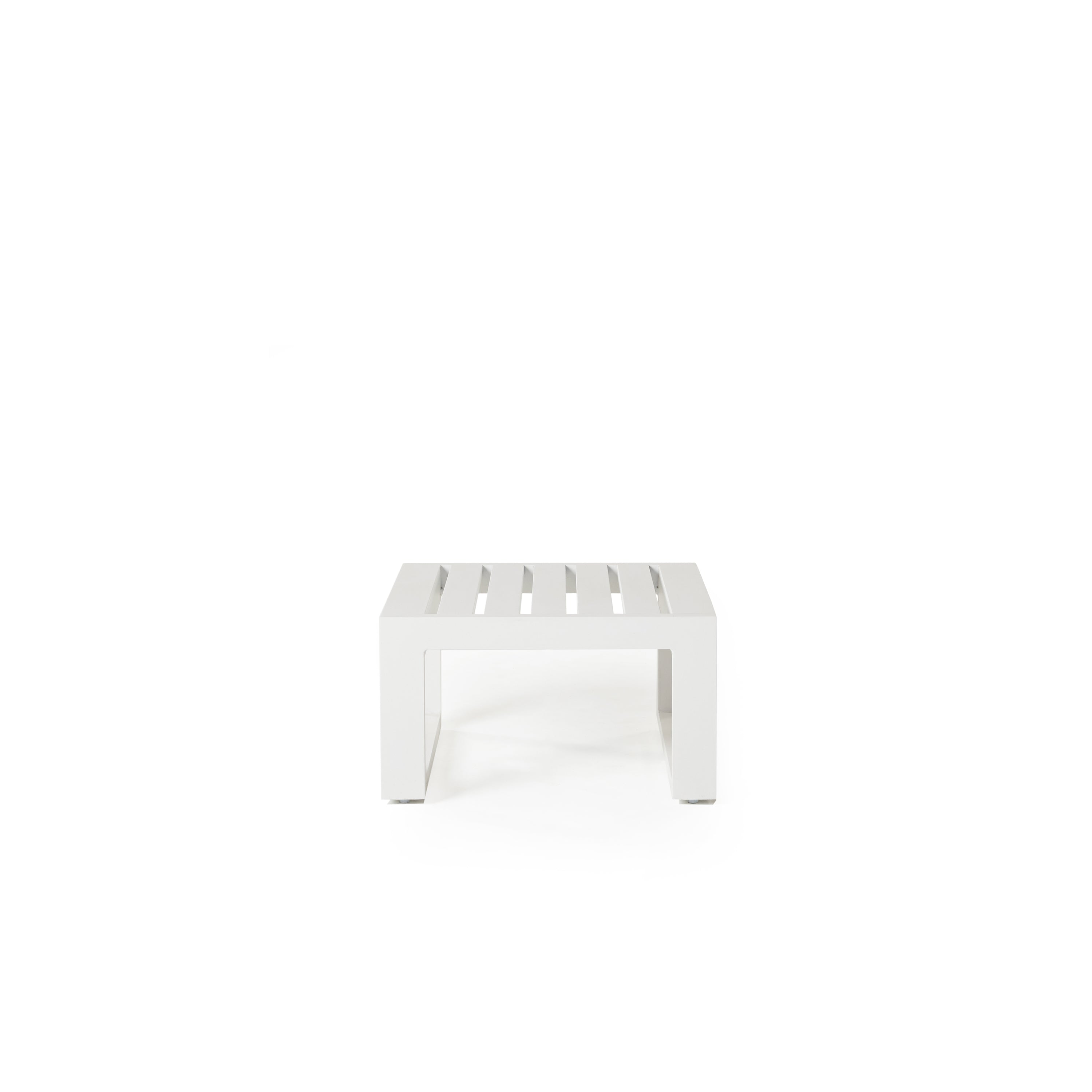 The Belvedere Side Table in White Aluminum by Terra Outdoor Living. Compact slatted side table, with architectural clean lines and sled style legs.