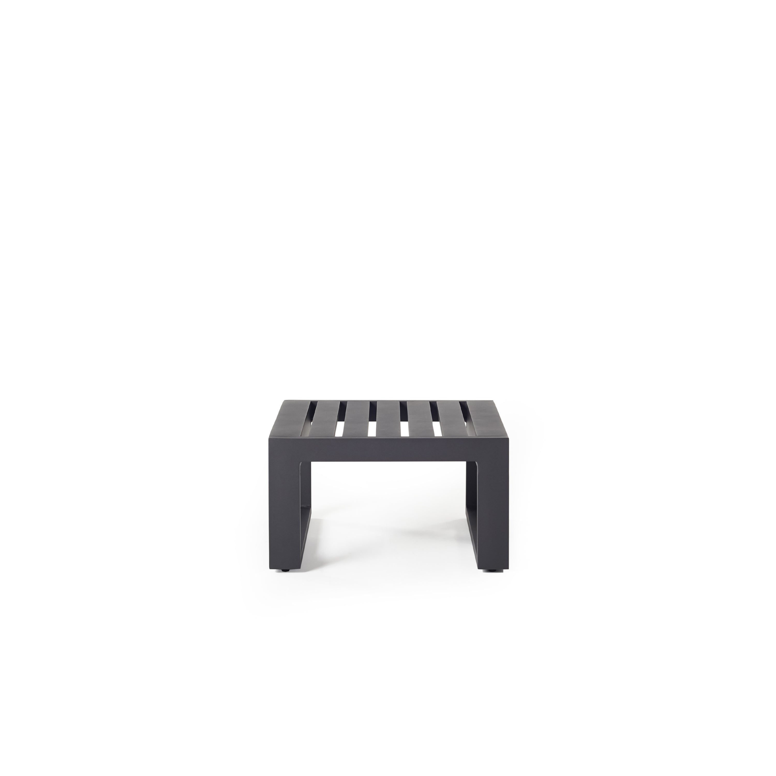 The Belvedere Side Table in Charcoal Aluminum by Terra Outdoor Living. Compact slatted side table, with architectural clean lines and sled style legs.