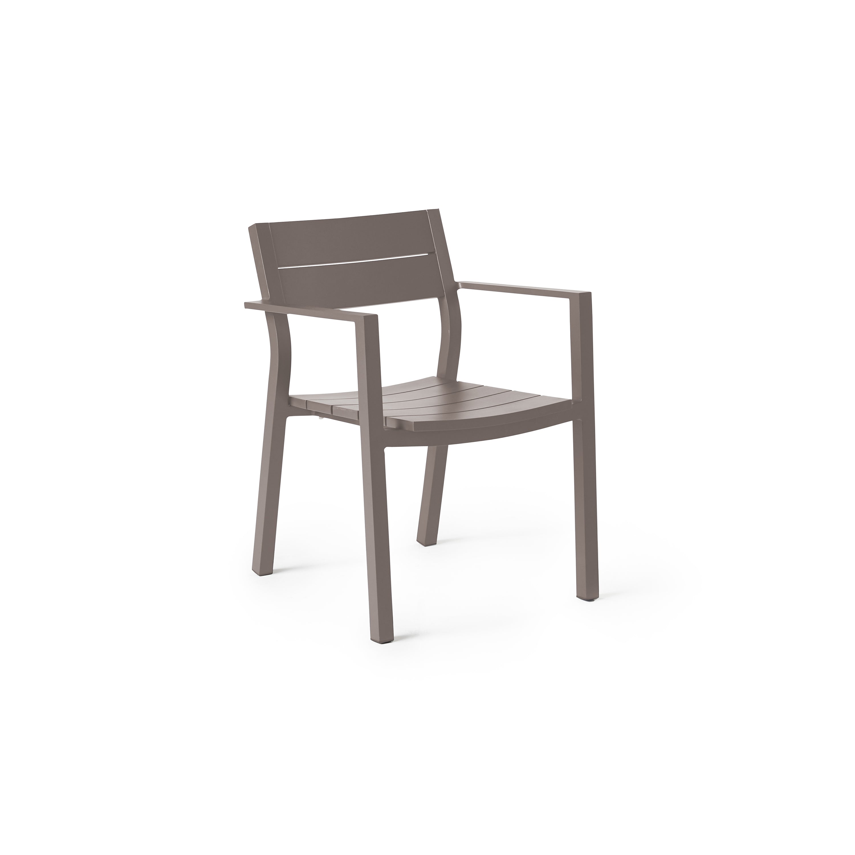 Belvedere Dining Chairs in Quartz Grey by Terra Outdoor Living combine expertly crafted aluminum and durable finishes with a slightly scooped seat and flared back for enhanced comfort, straight arms for support, plus a stackable design for easy, compact storage.