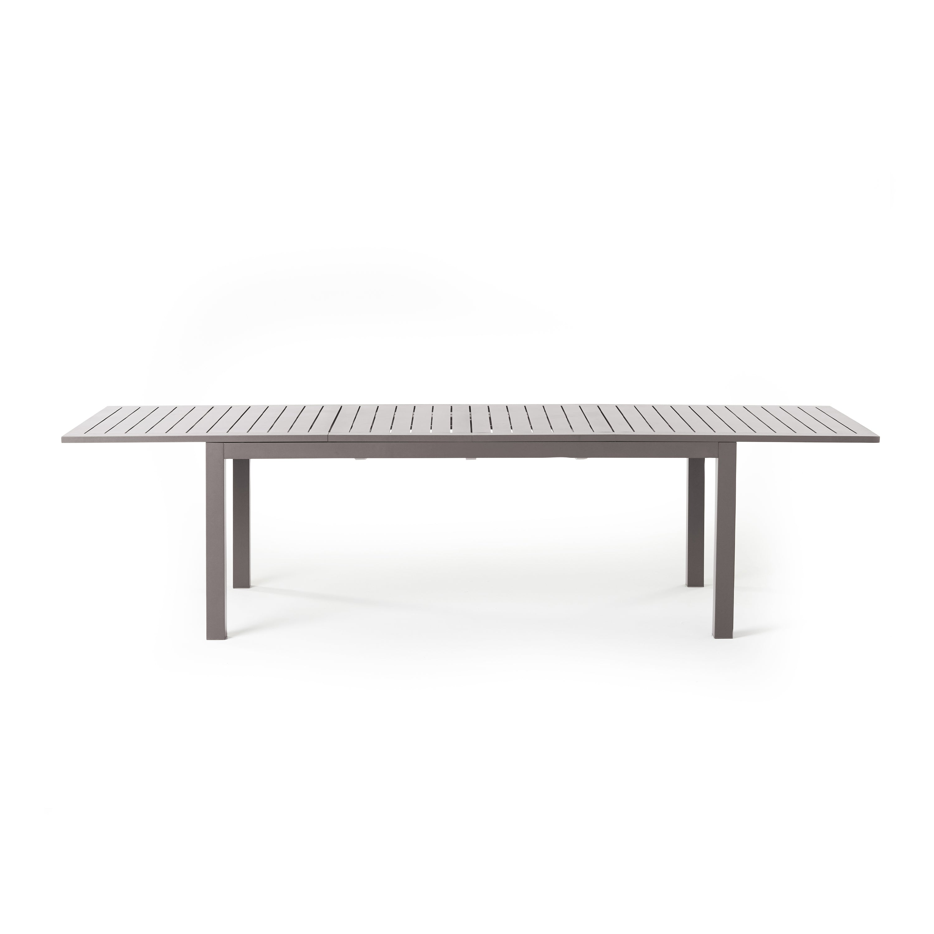 Belvedere Extension Dining Table in Quartz Grey by Terra Outdoor Living, crafted from durable aluminum with a sleek, modern design, featuring clean architectural lines, an airy silhouette, and built-in extension leaves for versatile outdoor entertaining. Shown at full extension to seat up to 10.