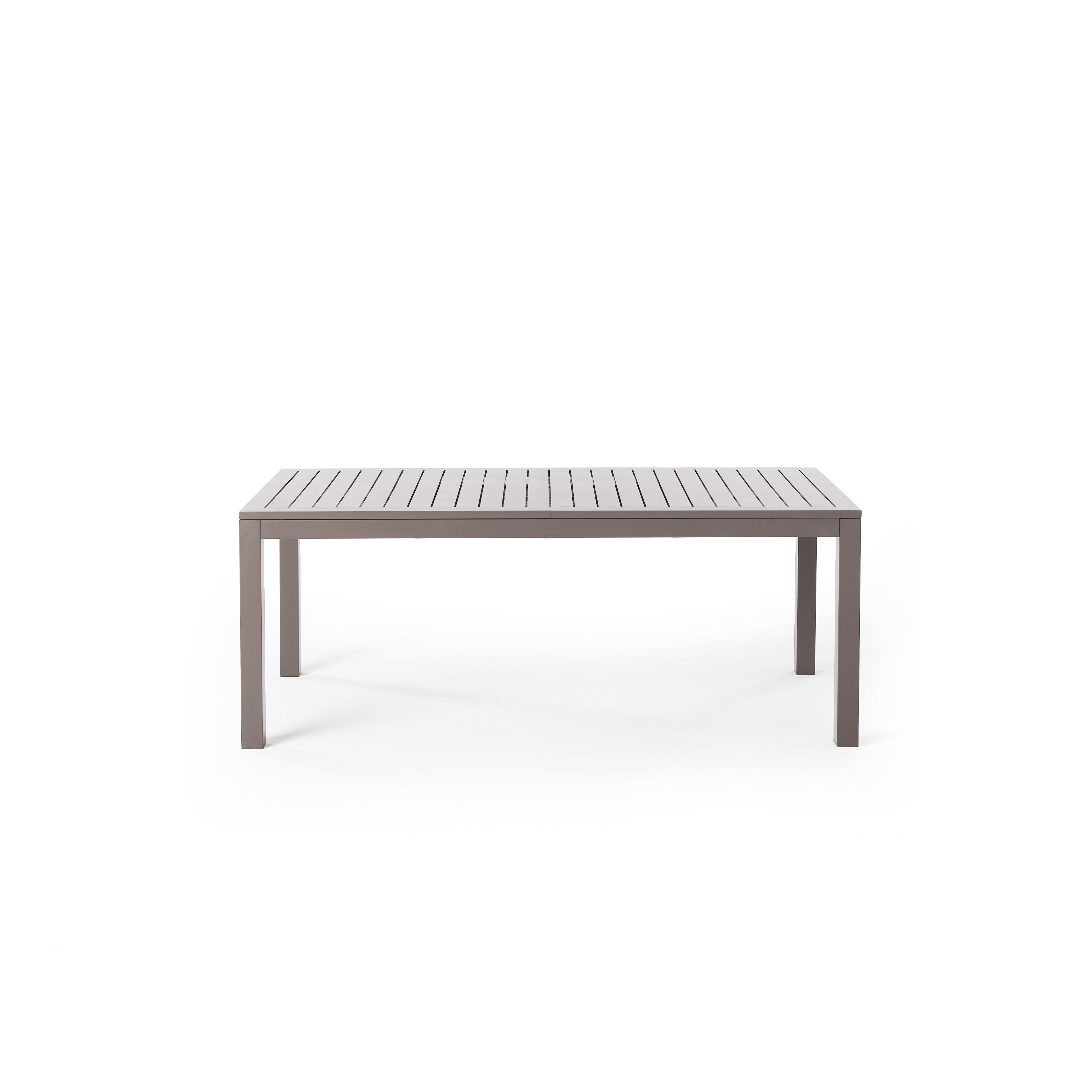 Belvedere Extension Dining Table in Quartz Grey by Terra Outdoor Living, crafted from durable aluminum with a sleek, modern design, featuring clean architectural lines, an airy silhouette, and built-in extension leaves for versatile outdoor entertaining.