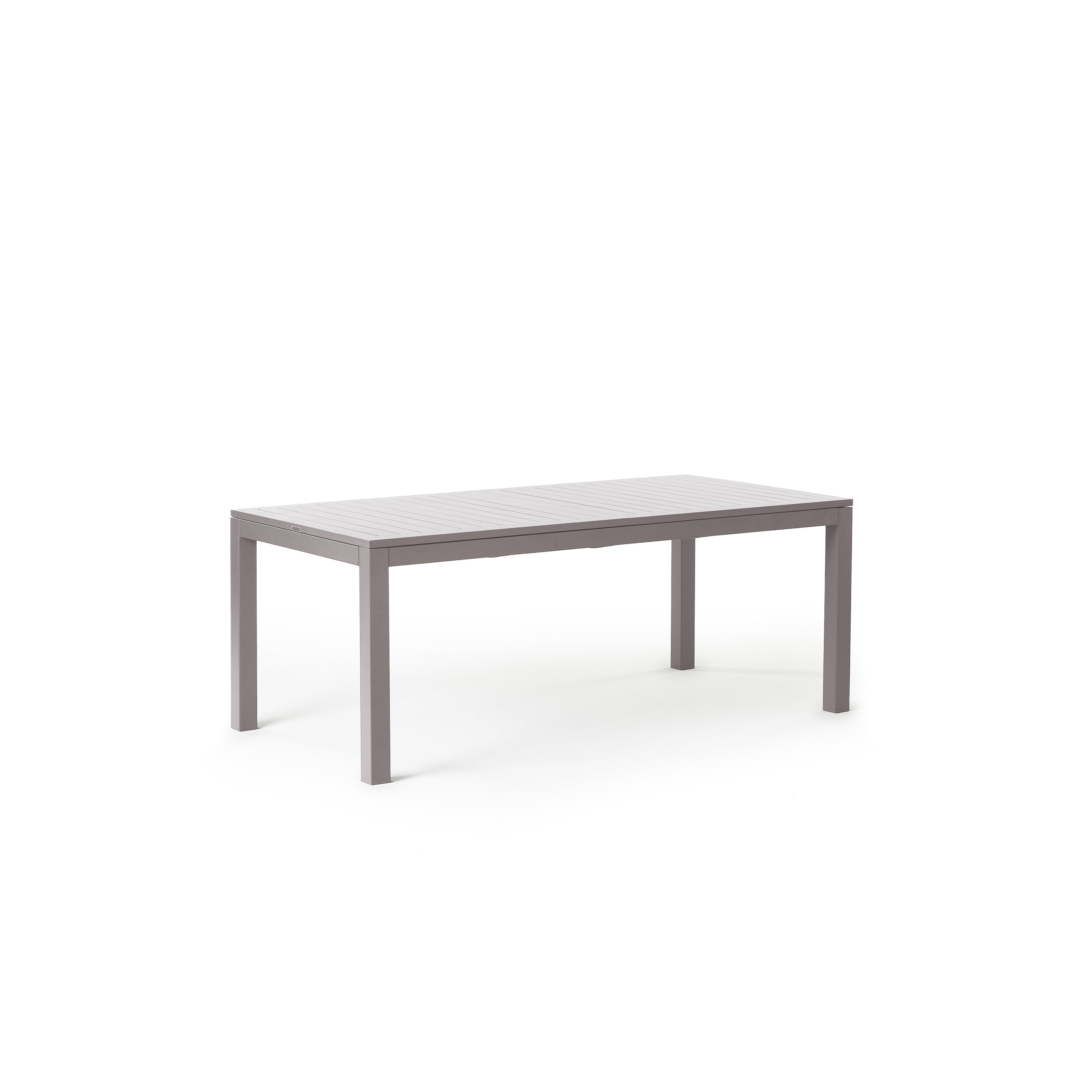Belvedere Extension Dining Table in Quartz Grey by Terra Outdoor Living, crafted from durable aluminum with a sleek, modern design, featuring clean architectural lines, an airy silhouette, and built-in extension leaves for versatile outdoor entertaining.