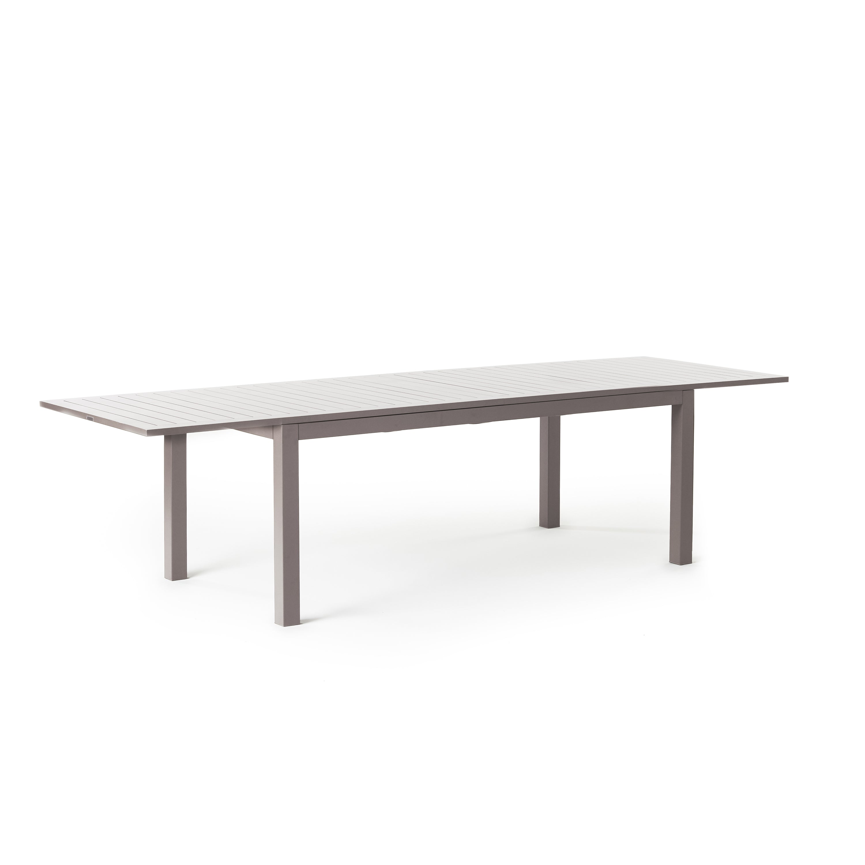 Belvedere Extension Dining Table in Quartz Grey by Terra Outdoor Living, crafted from durable aluminum with a sleek, modern design, featuring clean architectural lines, an airy silhouette, and built-in extension leaves for versatile outdoor entertaining. Shown at full extension to seat up to 10.