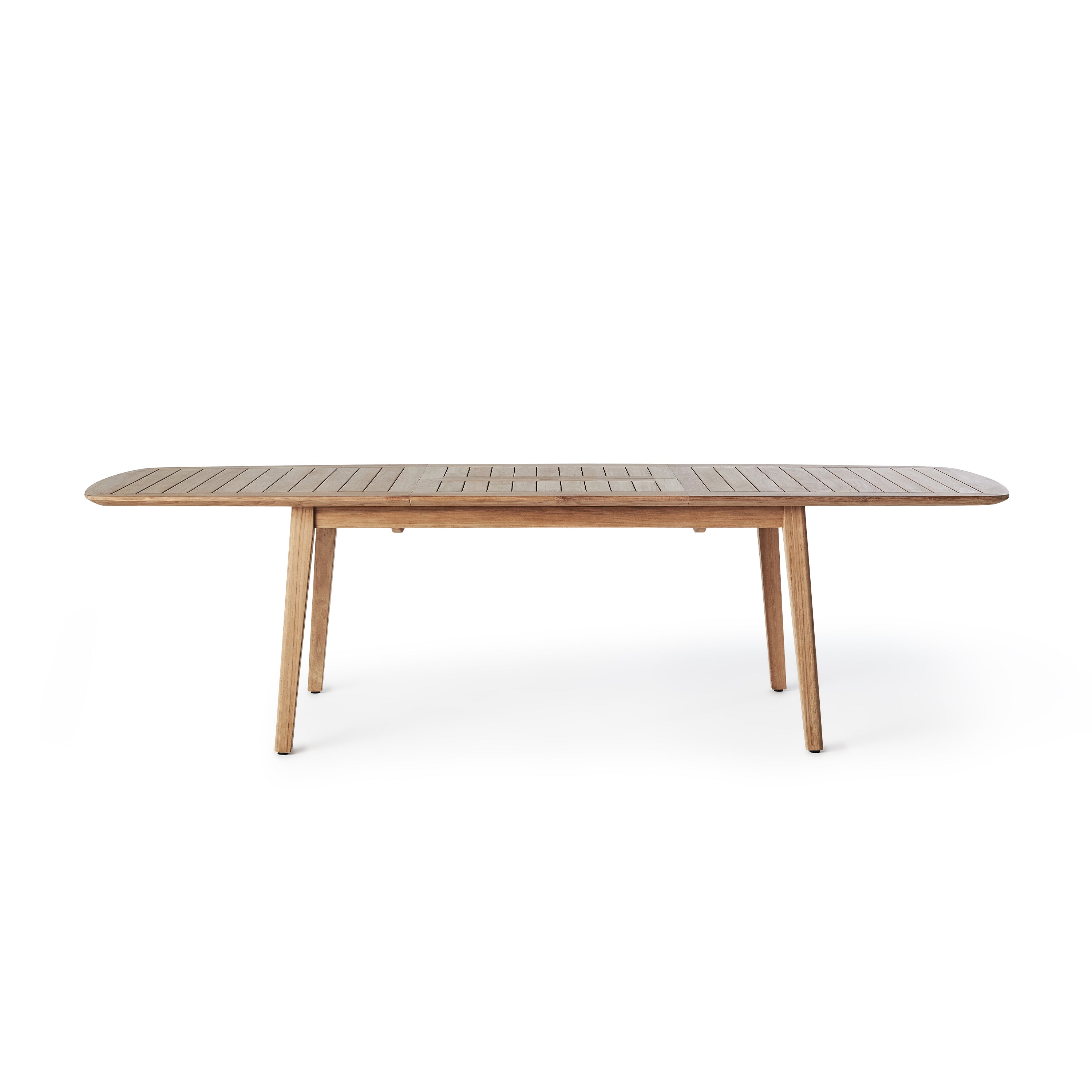 Cavallo 79"-110" Extension Dining Table in Teak by Terra Outdoor Living features premium certified teak with smooth curves and a butterfly extension design that tucks leaves beneath the table, offering luxurious outdoor dining for up to 10.