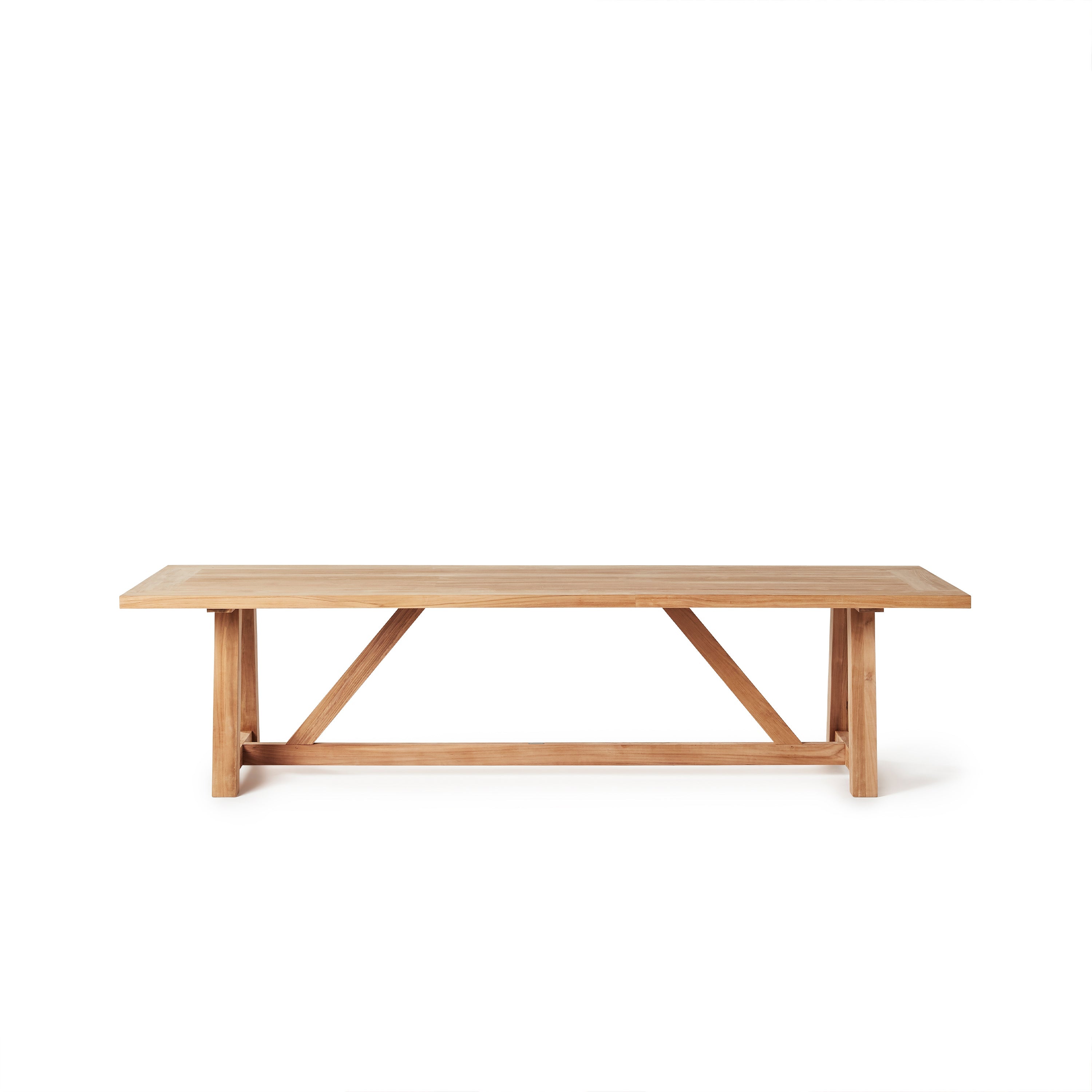 Madera 118" Vintage Beam Table by Terra Outdoor Living is a trestle style dining table with a slatted top. The slats are narrow and elegant. The entire table is made from premium teak in a natural finish. Seats 12.