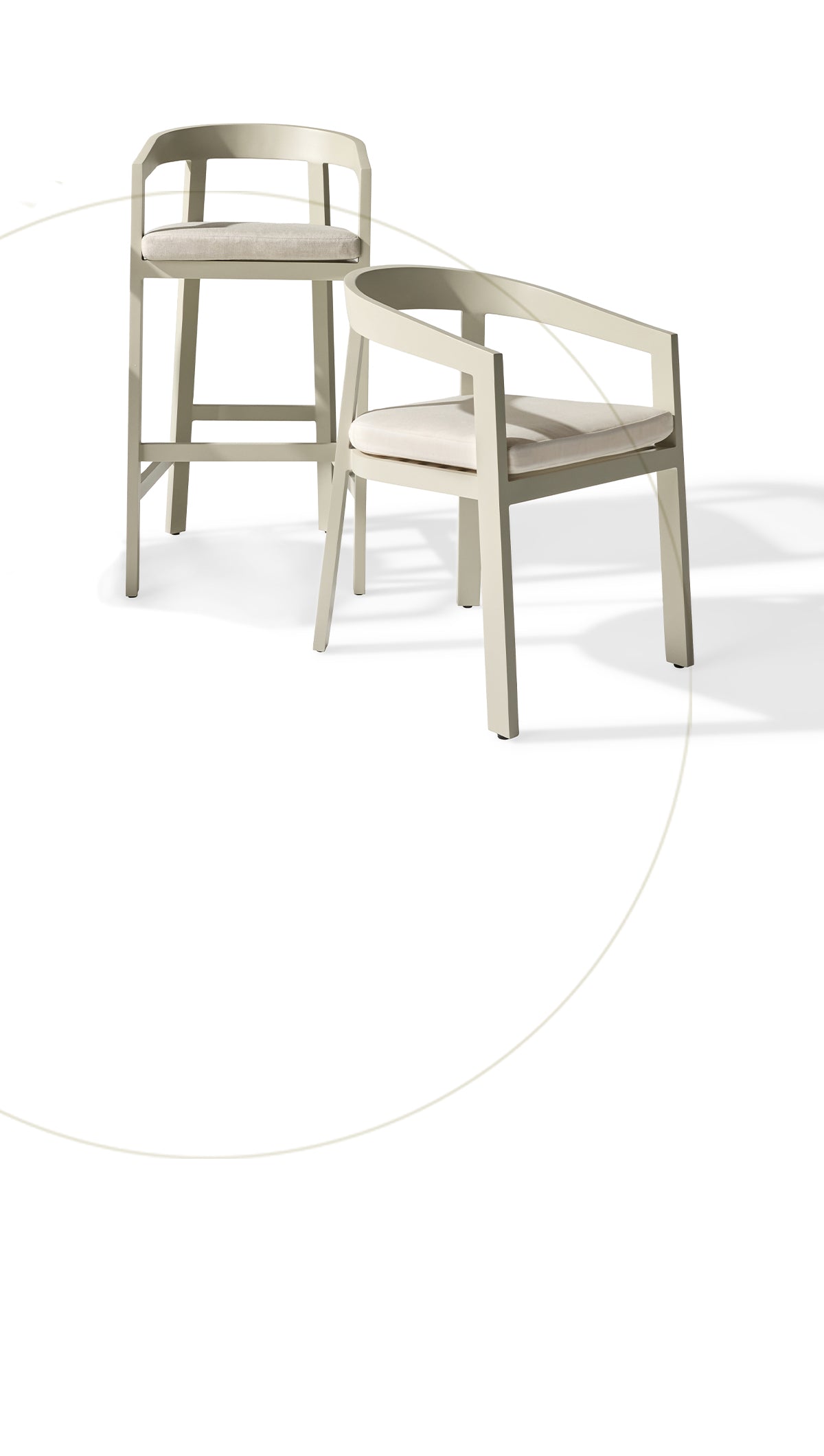 Cavallo bar, counter and dining chairs in the dune aluminum finish