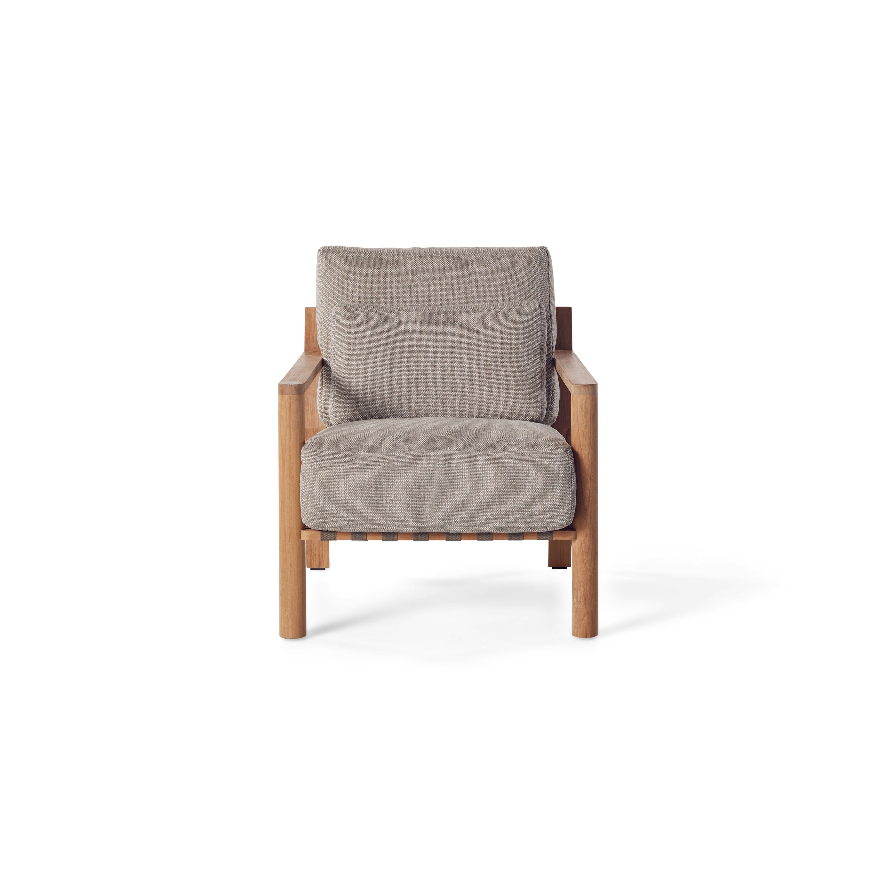 Aptos Lounge Chair by Terra Outdoor Living — crafted from premium plantation-grown teak, featuring a European-inspired compact silhouette and angled back for maximum comfort; includes one seat cushion, one back cushion, and one lumbar pillow in weather-friendly olefin, offering a perfect combination of softness and support, ideal for pairing with other Aptos seating components for a customized configuration.