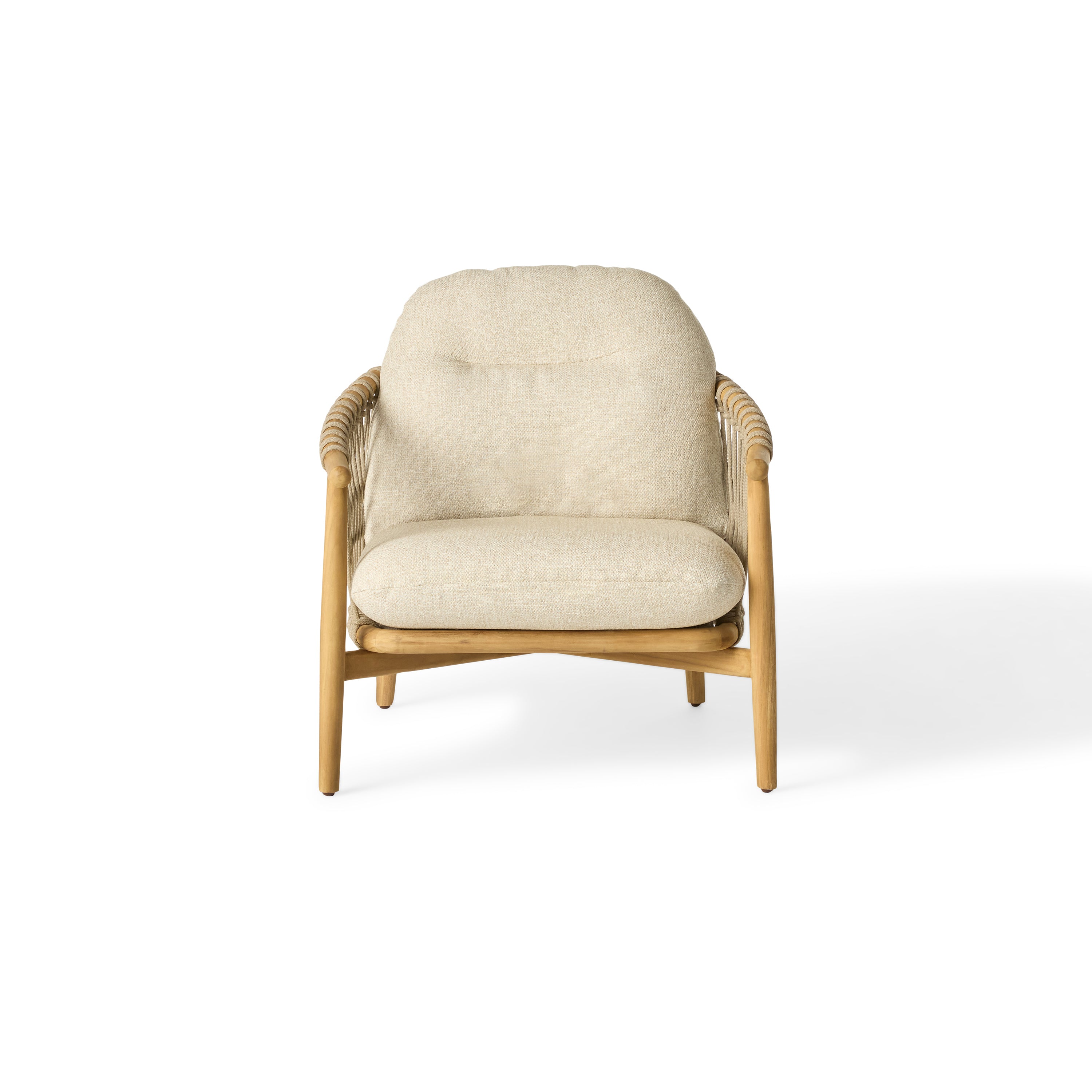 Arroyo Lounge Chair by Terra Outdoor Living — crafted with a premium teak frame and weather-friendly olefin rope in an openwork pattern, complemented by plush bouclé cushions; includes one seat cushion and one back cushion, offering a perfect balance of support and softness, perfect for creating a customized configuration with other Arroyo seating components.