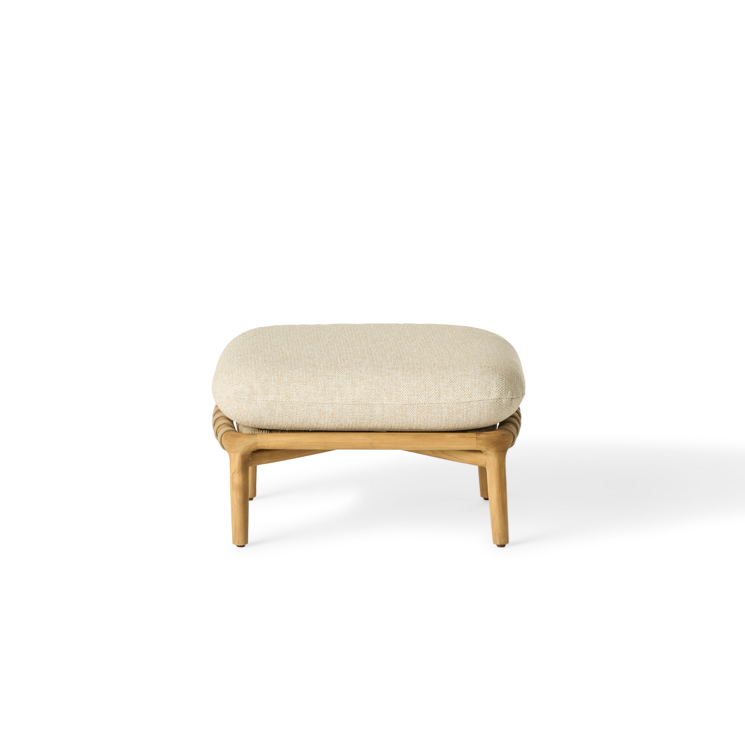 Arroyo Ottoman by Terra Outdoor Living — crafted with a premium teak frame and weather-friendly olefin rope in an openwork pattern; includes a weather-friendly cushion for comfortable use as a footrest or extra seating, perfect for pairing with other Arroyo seating components.