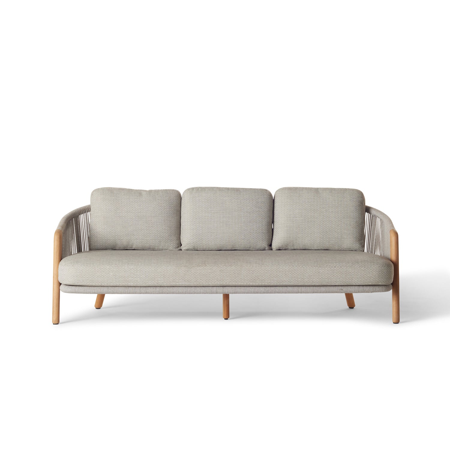 Avila Sofa by Terra Outdoor Living — features a sculptural frame with premium teak legs, wraparound sides and back crafted from durable all-weather rope over powdercoated aluminum, paired with plush, low-profile cushions in a clean, modern silhouette made for outdoor lounging.