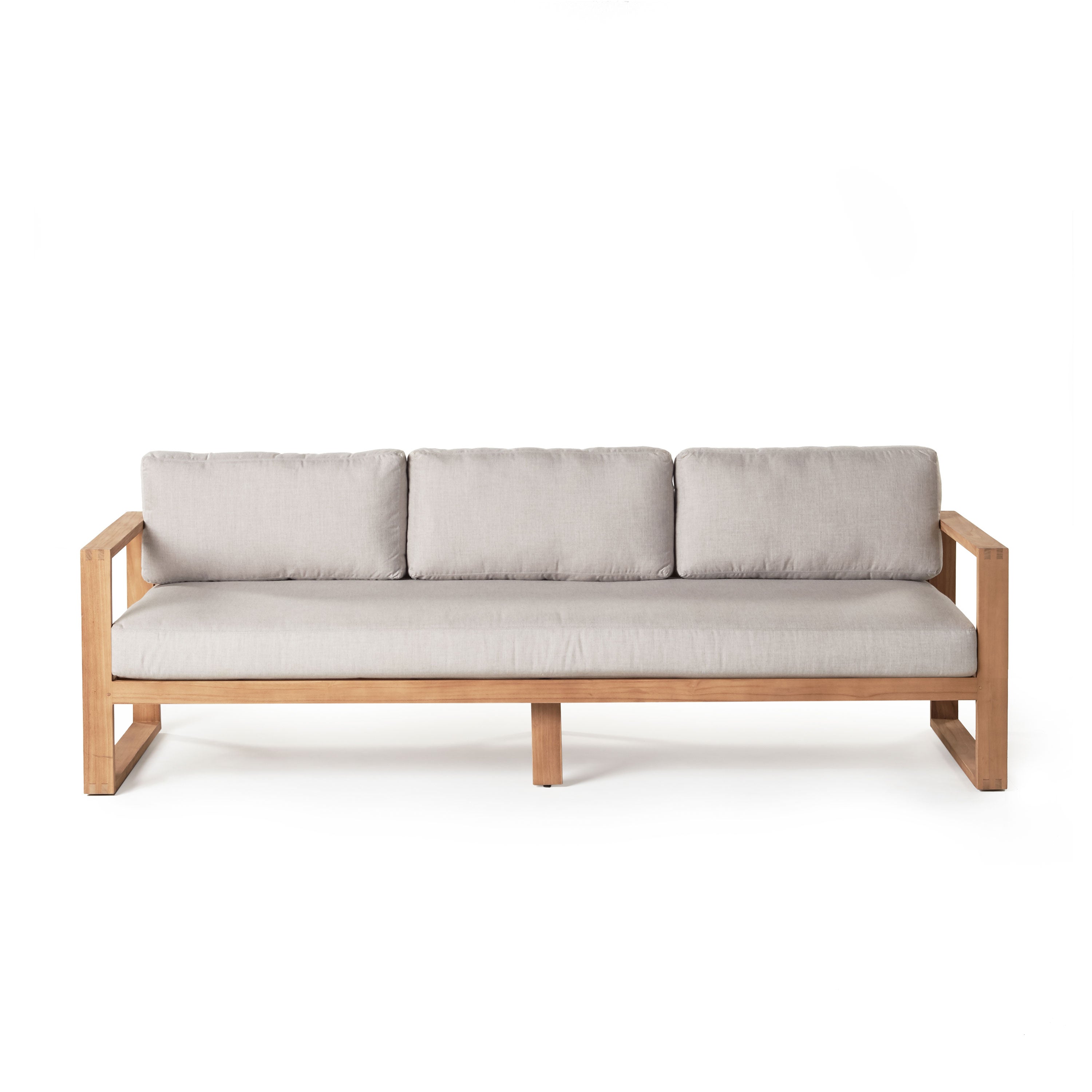 Belvedere Sofa in Teak by Terra Outdoor Living low-profile outdoor sofa with a premium teak frame in a raw finish and Sunbrella® cushions, featuring one long seat cushion and three back cushions for streamlined comfort.