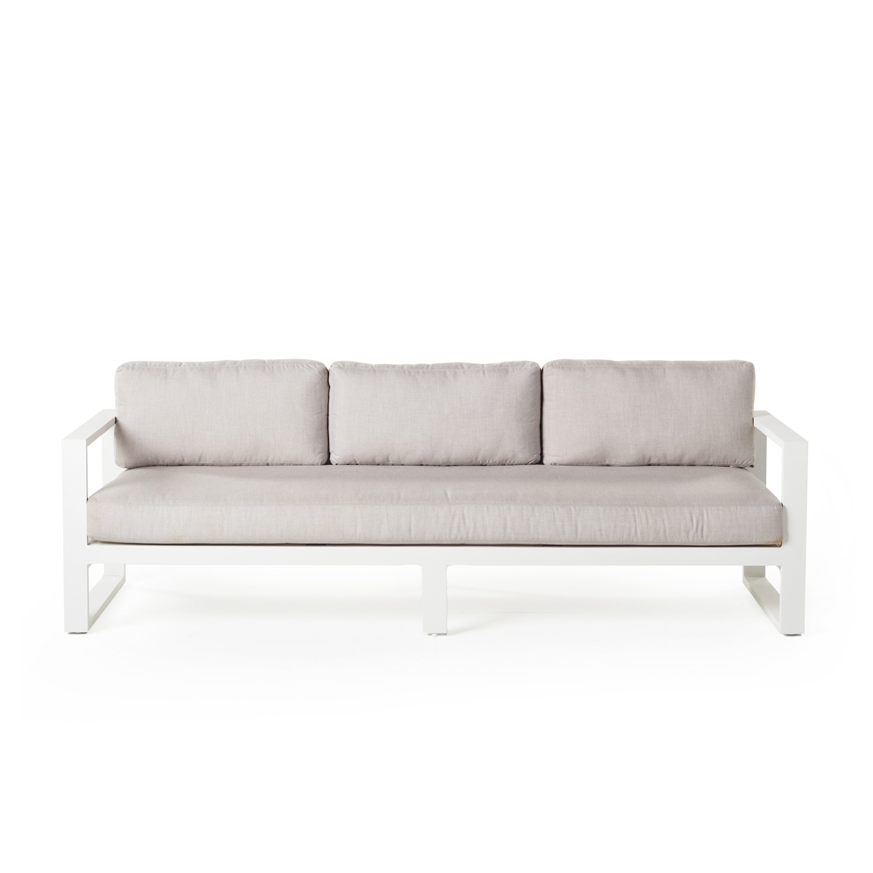 Belvedere Sofa in White Aluminum by Terra Outdoor Living low-profile outdoor sofa with a powdercoated aluminum frame and Sunbrella® cushions, featuring one long seat cushion and three back cushions for streamlined comfort.