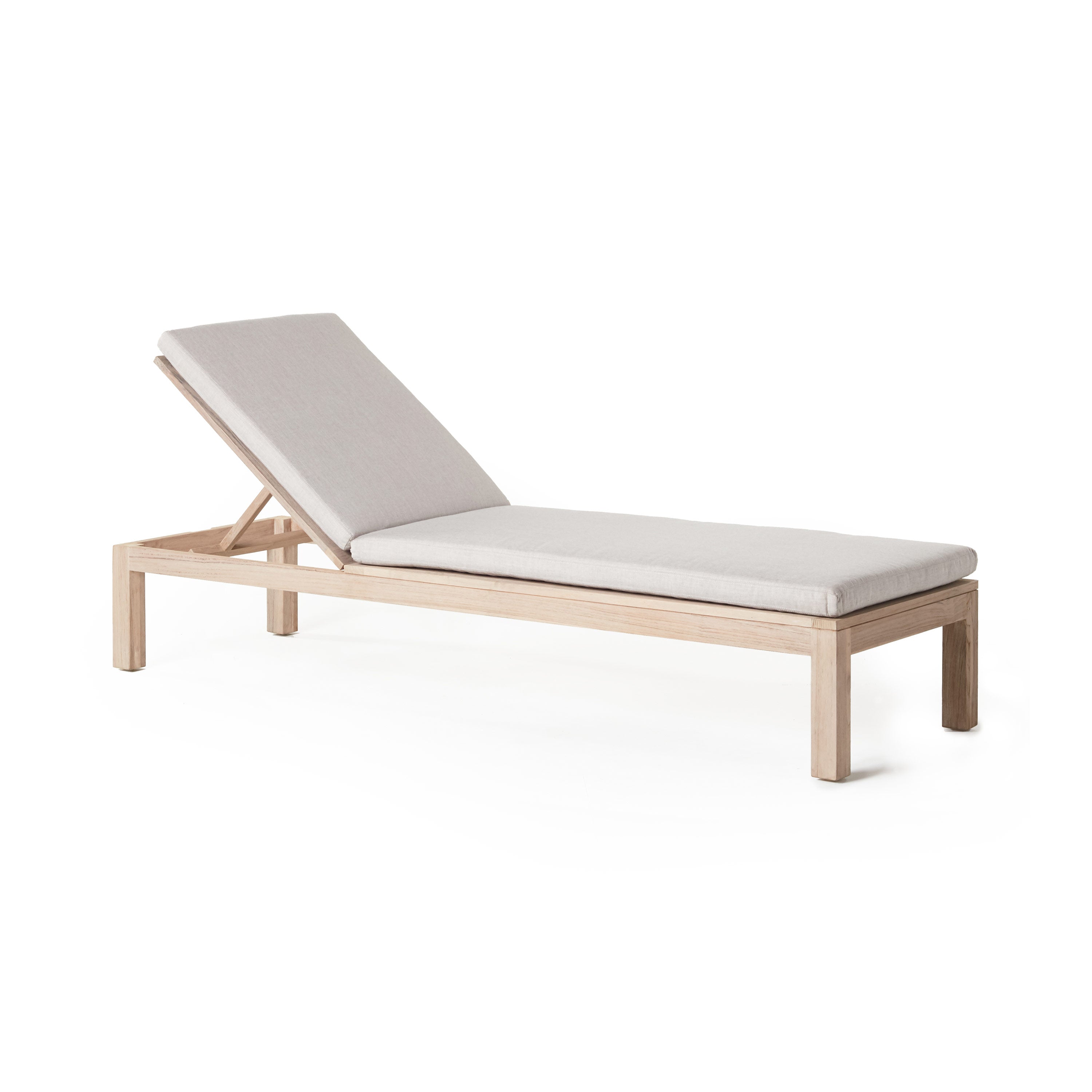 Belvedere Weathered Teak Chaise Lounge by Terra Outdoor Living, made from solid premium teak in a weathered finish and weather-friendly cushions, features a low-slung silhouette and reclines to 7 positions—including fully flat—for deep comfort and timeless outdoor lounging.