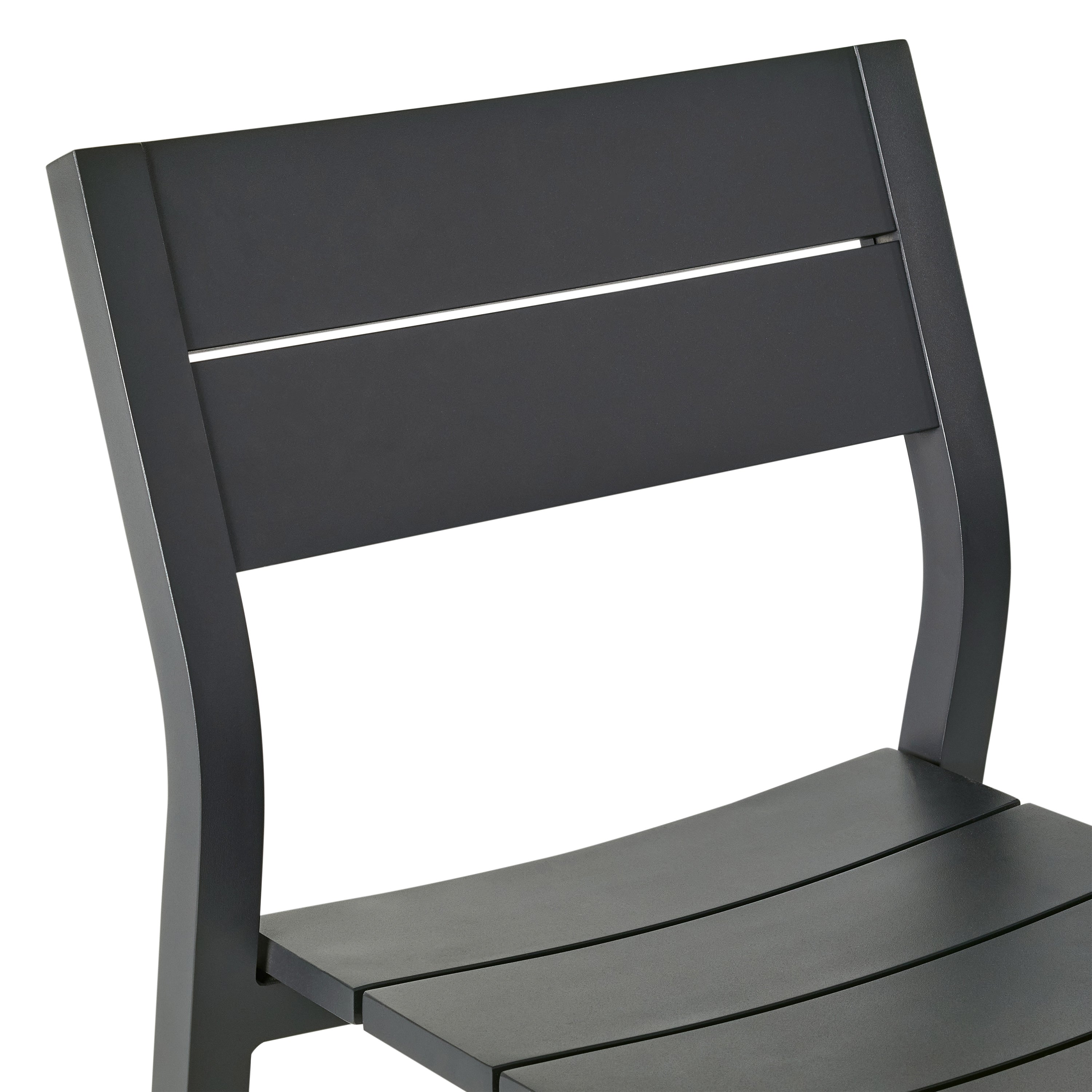 Close up of Belvedere Dining Side Chair in Charcoal by Terra Outdoor Living combines expertly crafted aluminum and durable finishes with a slightly scooped seat and flared back for enhanced comfort, plus a stackable design for easy, compact storage.