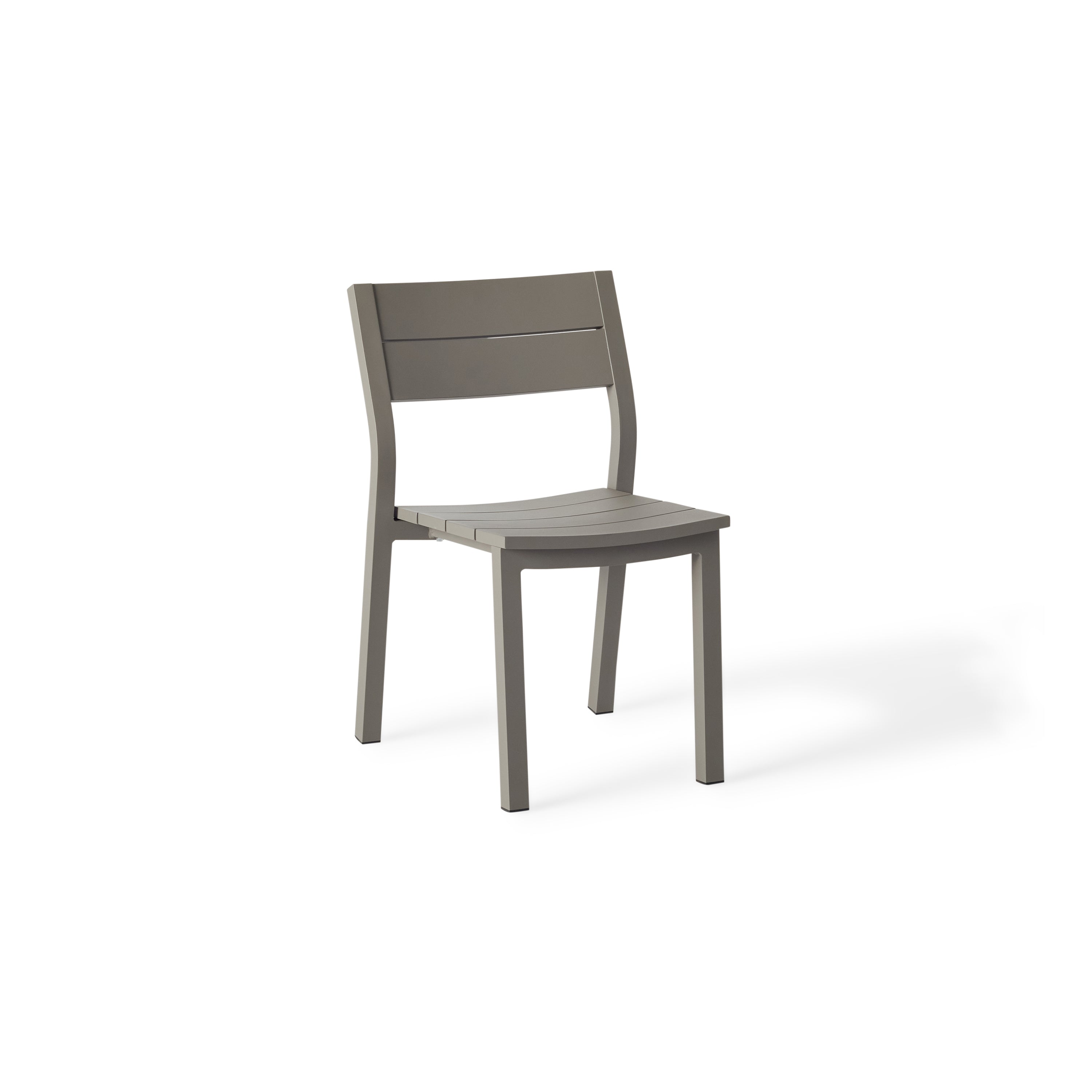 Belvedere Side Chair by Terra Outdoor Living, featuring a sleek aluminum frame in a 'Quartz Grey' finish - a warm grey tone - with a slightly scooped seat and flared back, shown in a modern, airy silhouette designed for comfort and easy stacking.