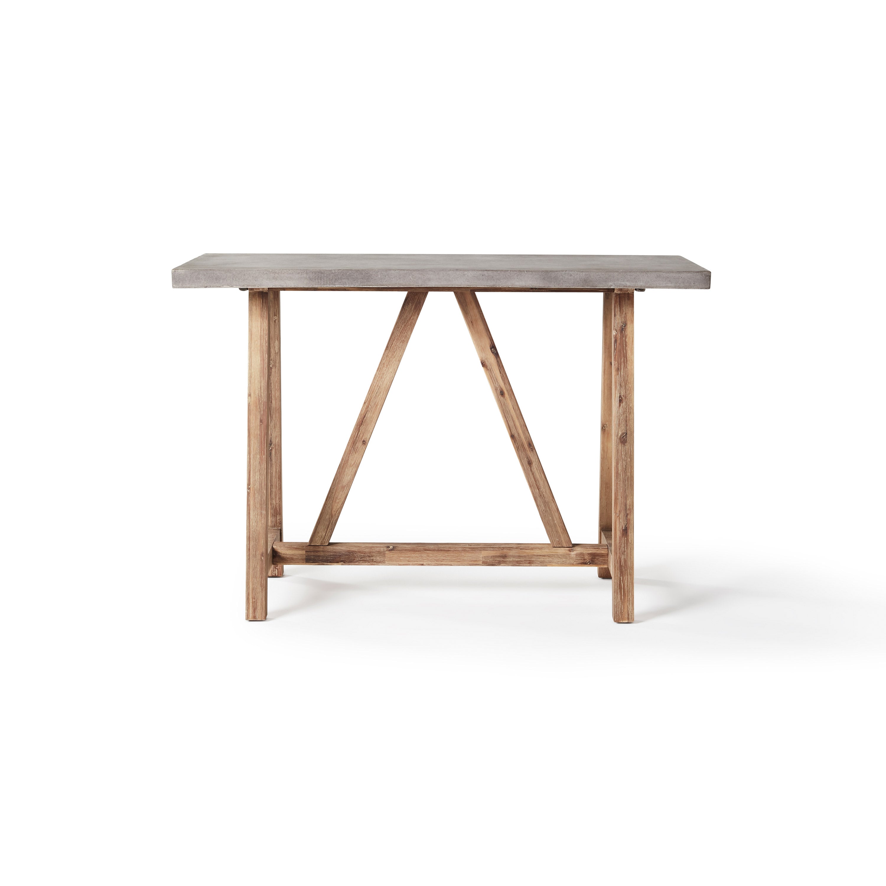 The Bordeaux Bar Table by Terra Outdoor Living pairs rustic acacia wood bases inspired by antique trestle tables with tops crafted from a composite that delivers superior weather-resistance and durability with all the industrial appeal of concrete (GFRC)