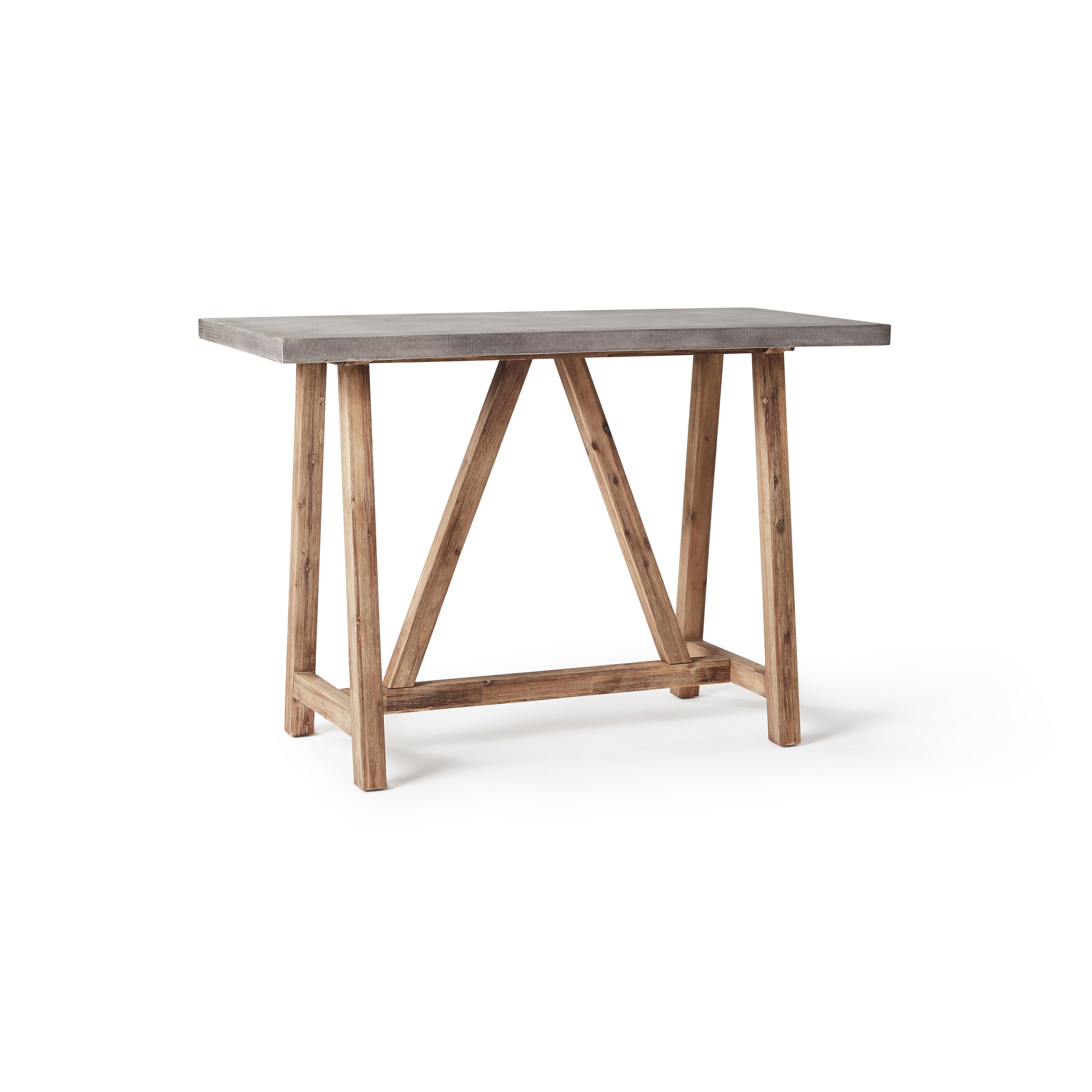 The Bordeaux Bar Table by Terra Outdoor Living pairs rustic acacia wood bases inspired by antique trestle tables with tops crafted from a composite that delivers superior weather-resistance and durability with all the industrial appeal of concrete (GFRC)