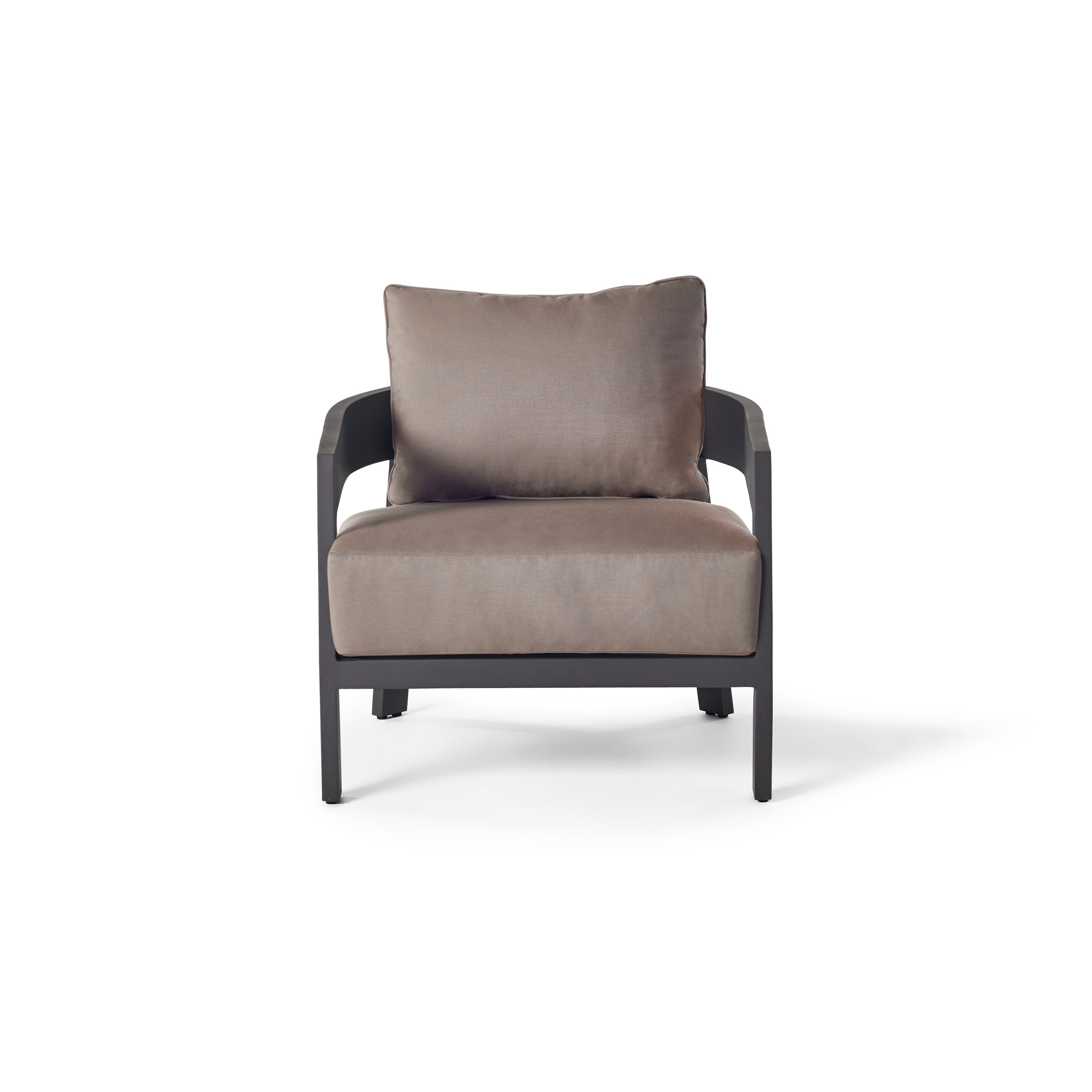 The Cavallo Lounge Chair in Charcoal Aluminum by Terra Outdoor Living crafted of rustproof aluminum with sweeping curved back and a plush Sunbrella® seat cushion, and elegant back cushion for luxurious outdoor lounging.