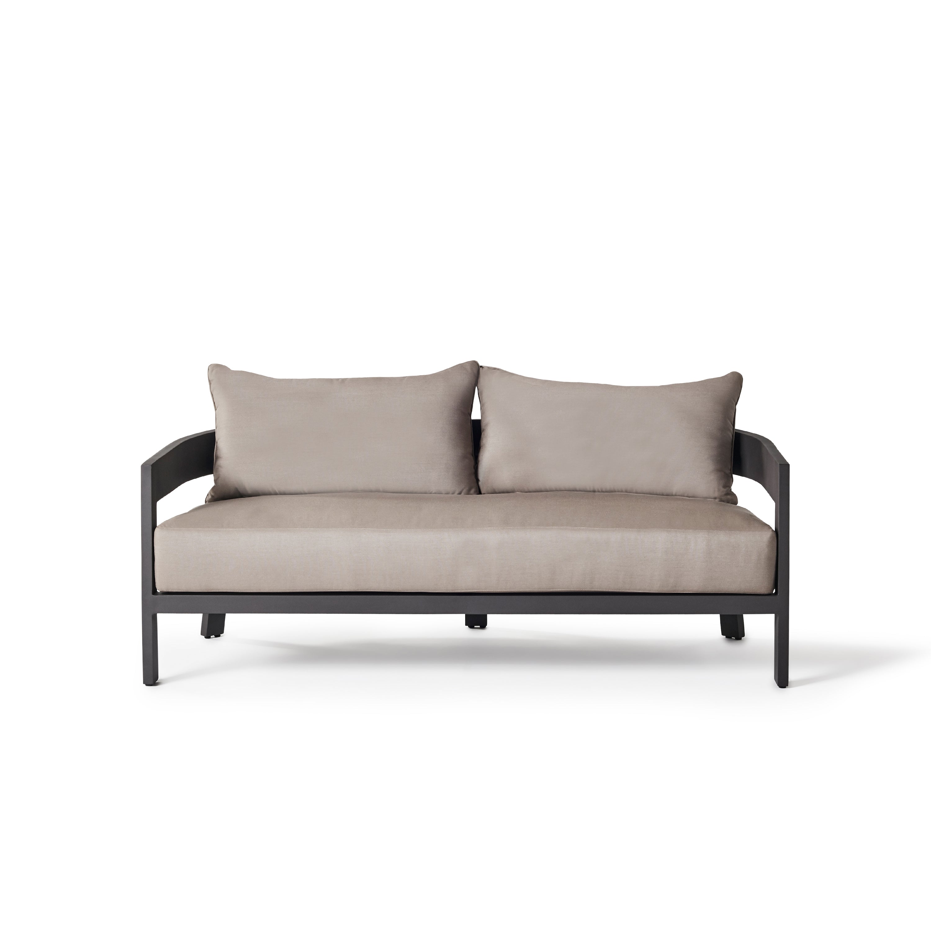 The Cavallo Loveseat in Charcoal Aluminum by Terra Outdoor Living crafted of rustproof aluminum with sweeping curved back and a long plush Sunbrella® seat cushion, and elegant back cushions for luxurious outdoor lounging.