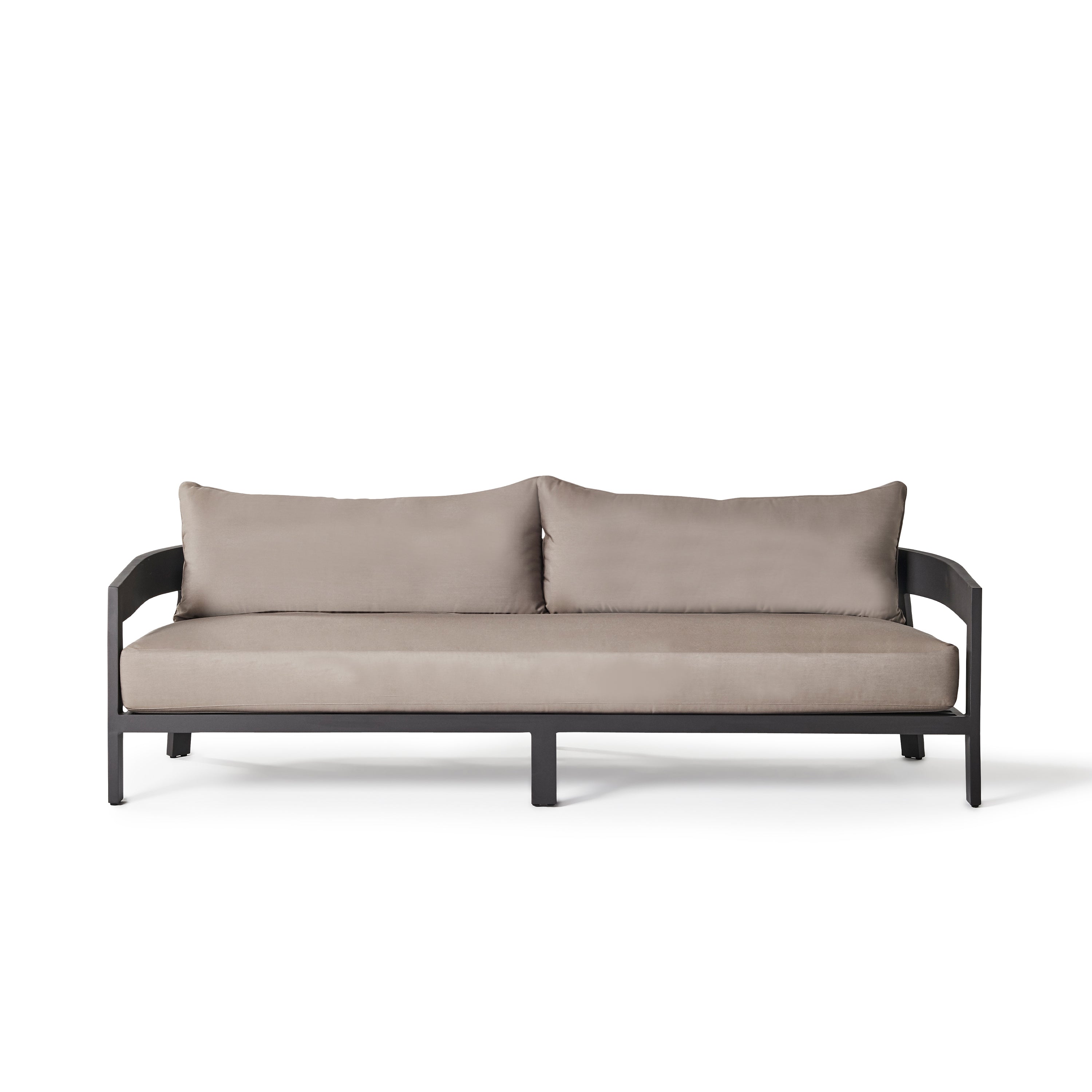 The Cavallo Sofa in Charcoal Aluminum by Terra Outdoor Living crafted of rustproof aluminum with sweeping curved back and a long plush Sunbrella® seat cushion, and elegant back cushions for luxurious outdoor lounging.