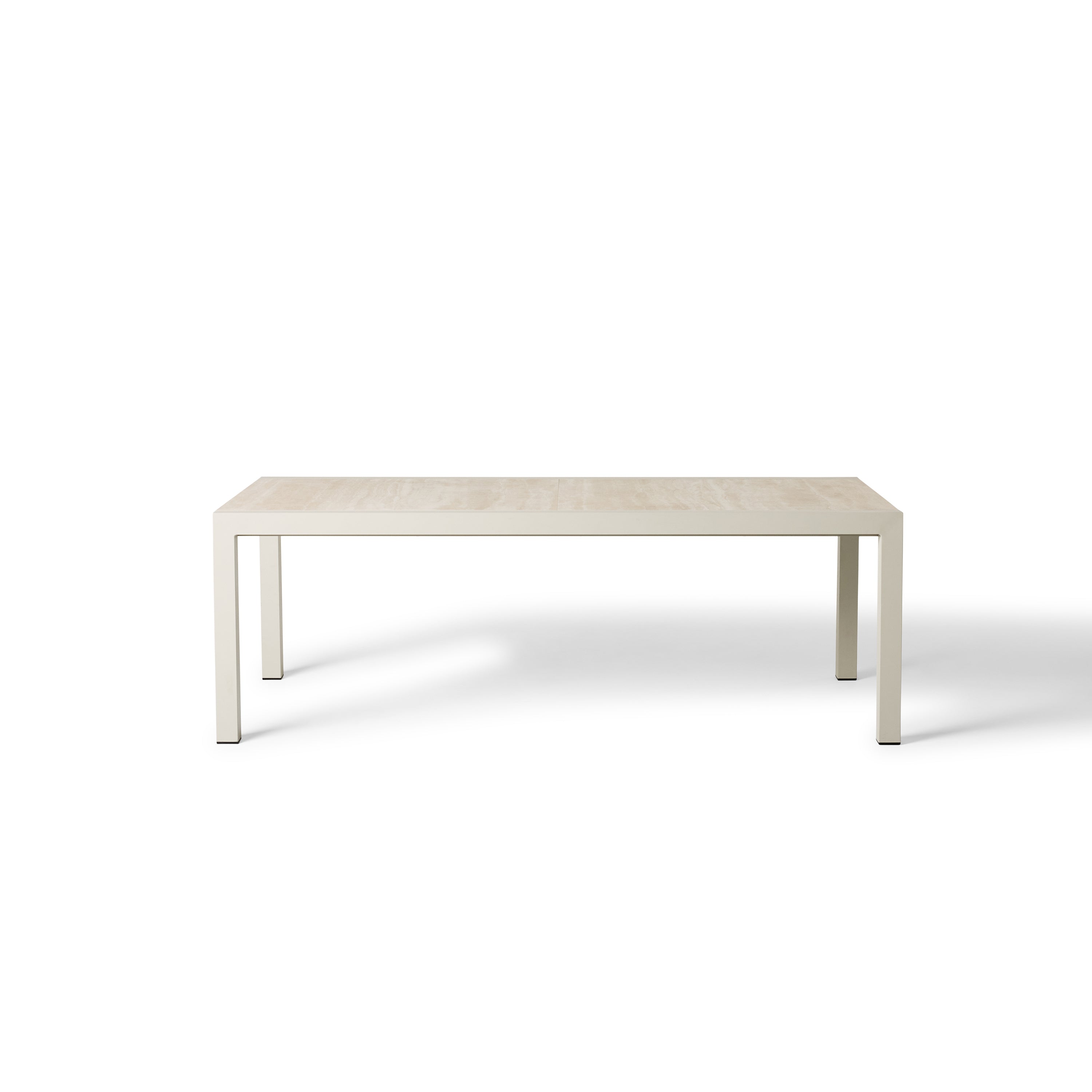 Del Mar Dining Table by Terra Outdoor Living — features an aluminum frame in 'Dune' with a ceramic top; seats up to 12 comfortably and includes a convenient extendable leaf that nests under the table when not in use, perfect for dining and entertaining.