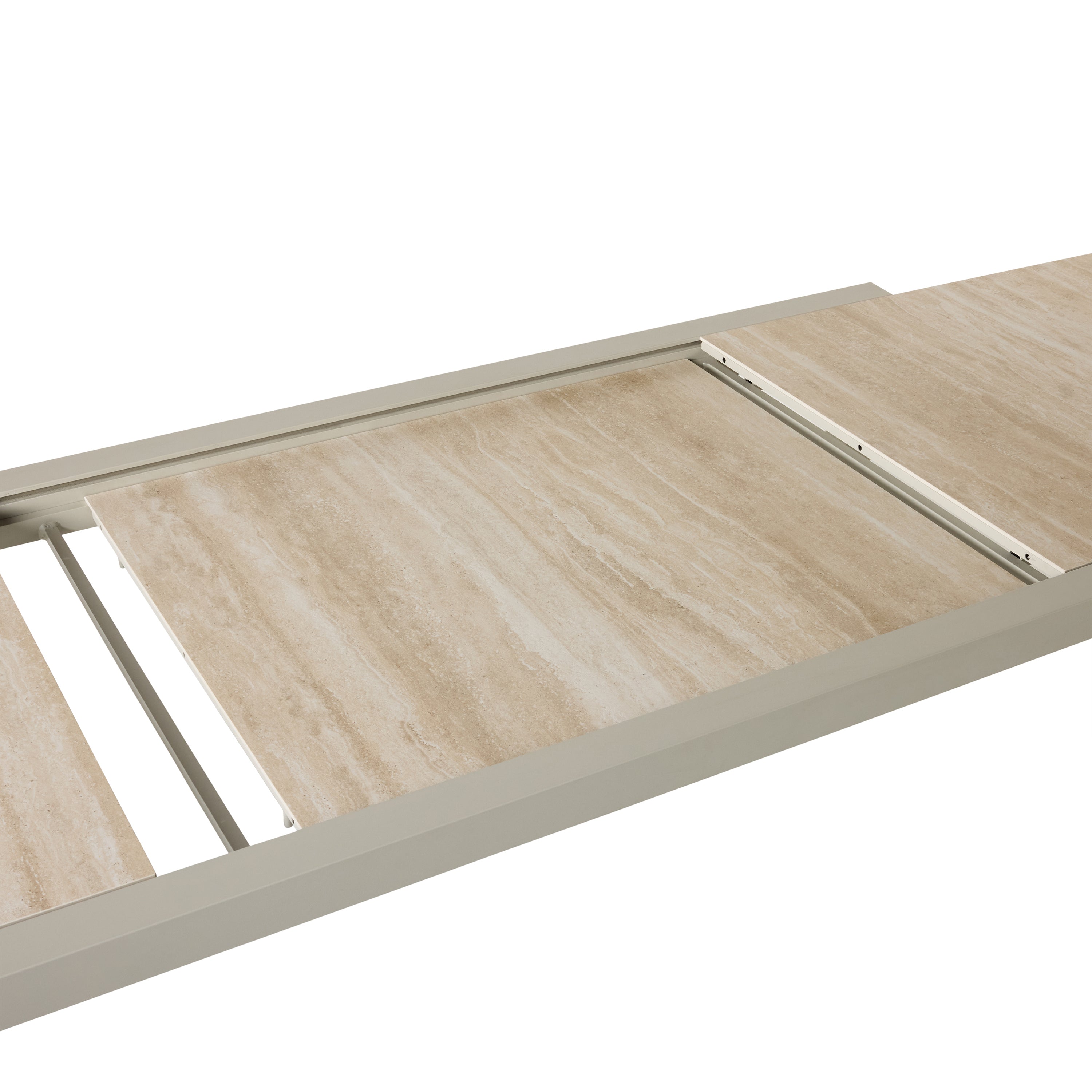 Del Mar Dining Table by Terra Outdoor Living — features an aluminum frame in 'Dune' with a ceramic top; seats up to 12 comfortably and includes a convenient extendable leaf that nests under the table when not in use, perfect for dining and entertaining. Close up of the ceramic top.