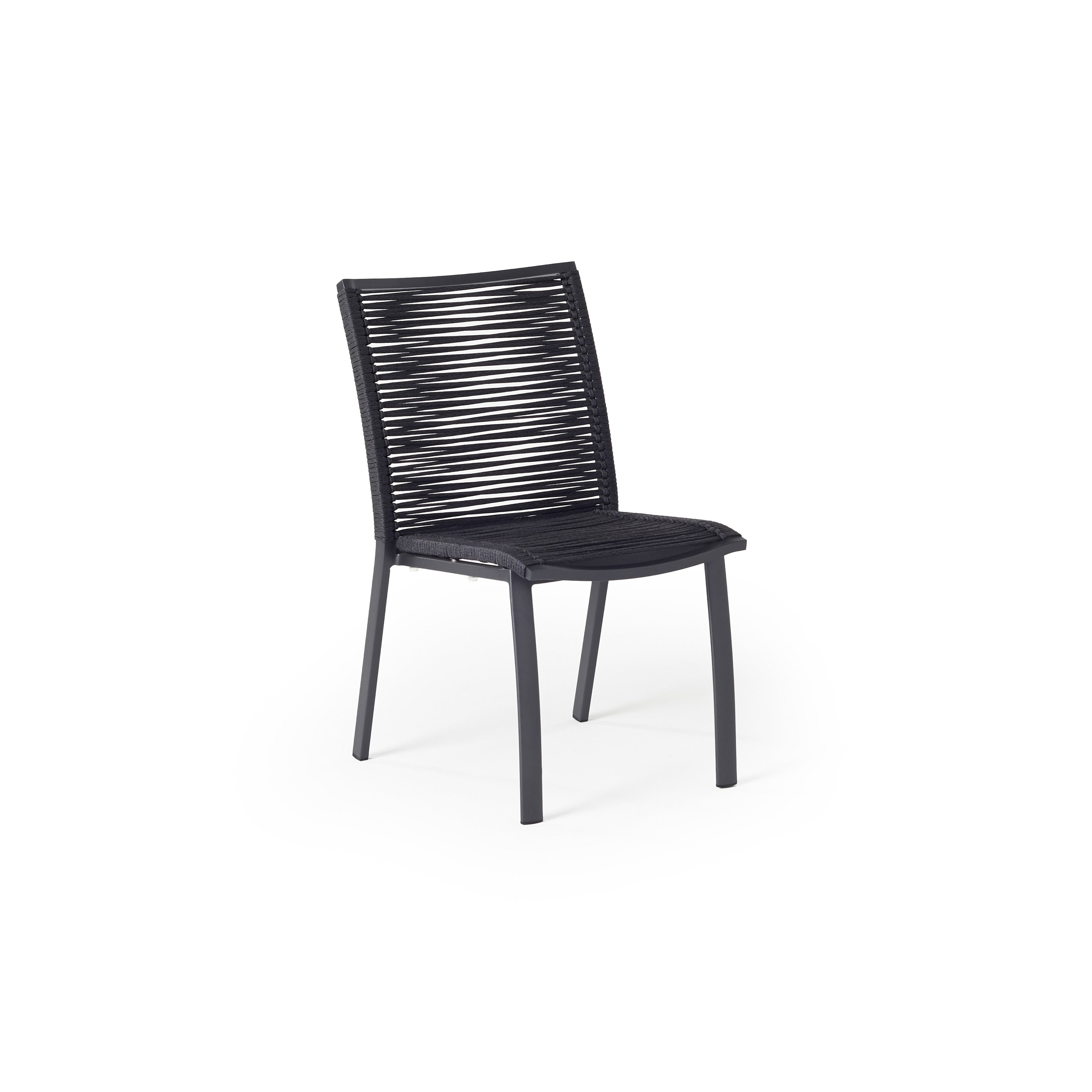 The Diablo Dining Side Chair in Charcoal by Terra Outdoor Living features squared off clean lines and rope wrapping for the seat and back. It has an armless design, and subtly scooped seat and back for ergonomics.
