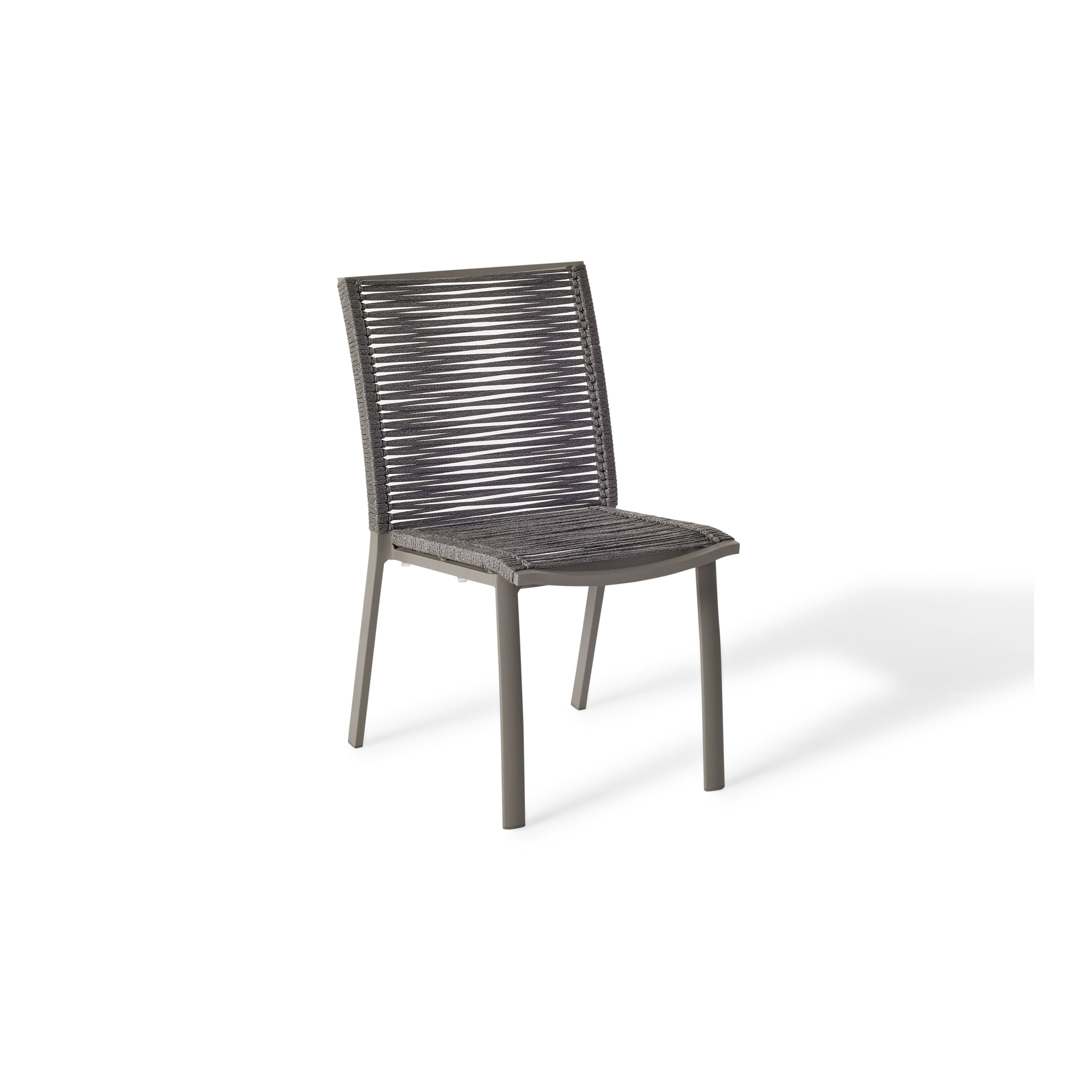 The Diablo Dining Side Chair in Quartz Grey by Terra Outdoor Living features squared off clean lines and rope wrapping for the seat and back. It has an armless design, and subtly scooped seat and back for ergonomics.