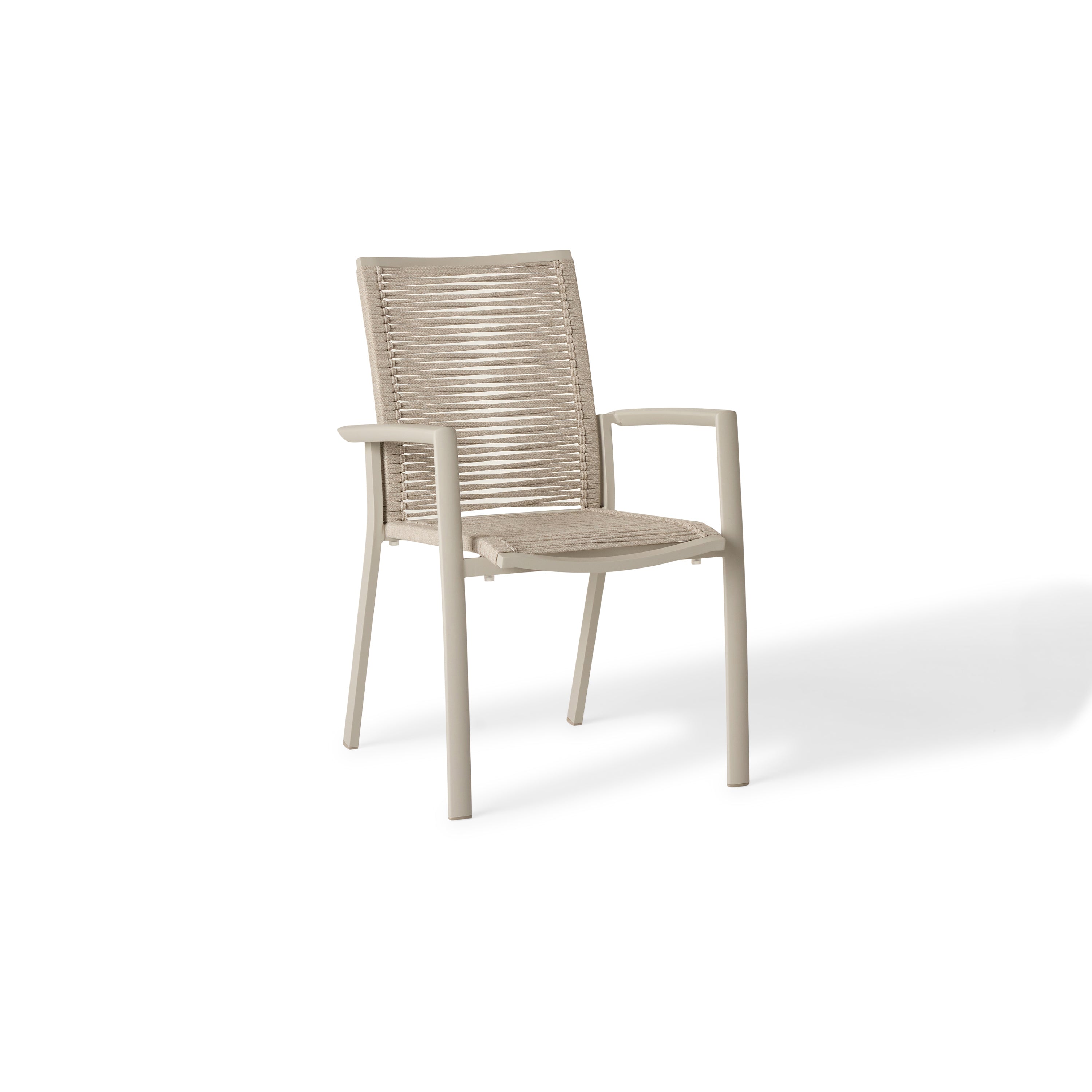The Diablo Dining Arm Chair in Dune by Terra Outdoor Living features squared off clean lines and rope wrapping for the seat and back. It has straight arms for support, and subtly scooped seat and back for ergonomics.