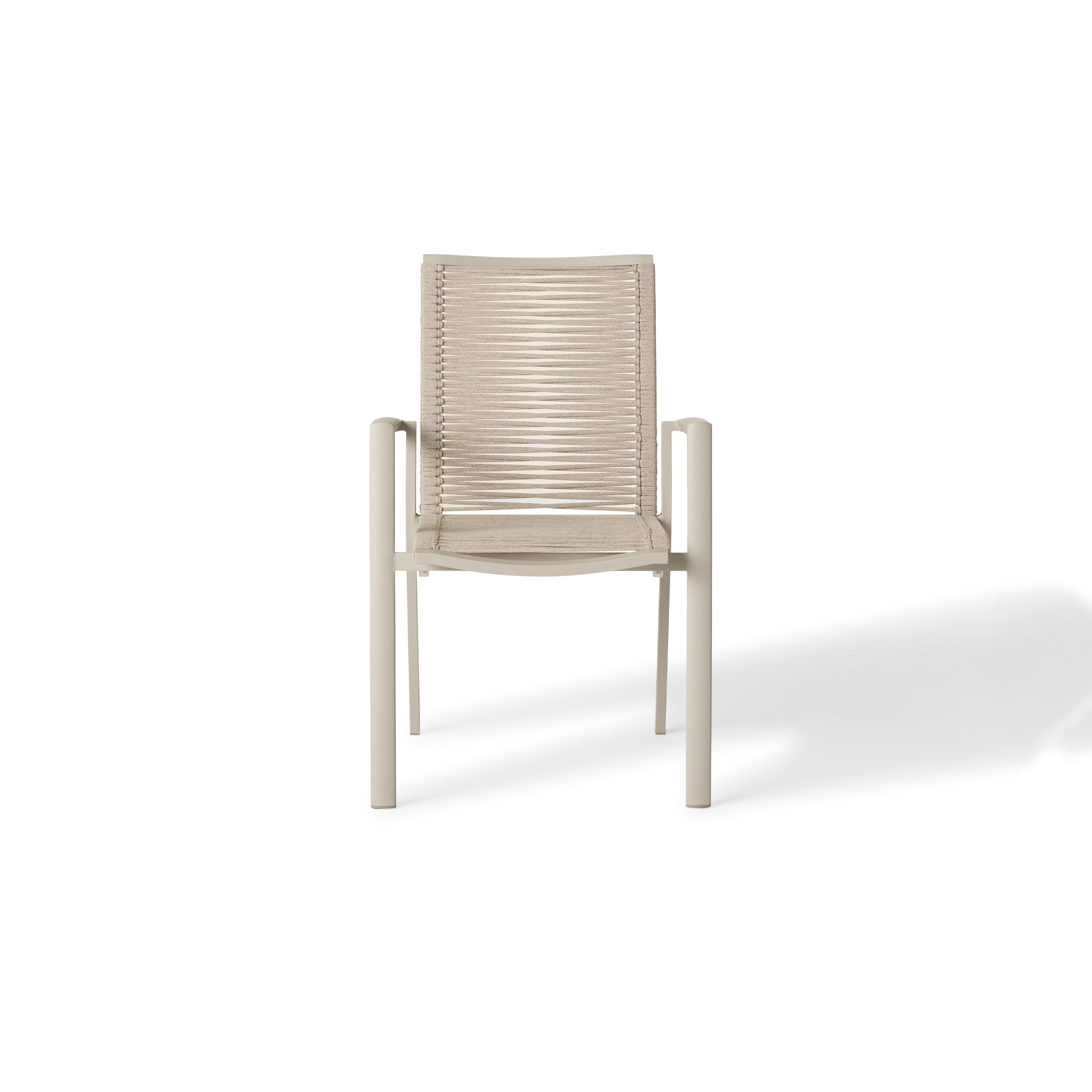 The Diablo Dining Arm Chair in Dune by Terra Outdoor Living features squared off clean lines and rope wrapping for the seat and back. It has straight arms for support, and subtly scooped seat and back for ergonomics.
