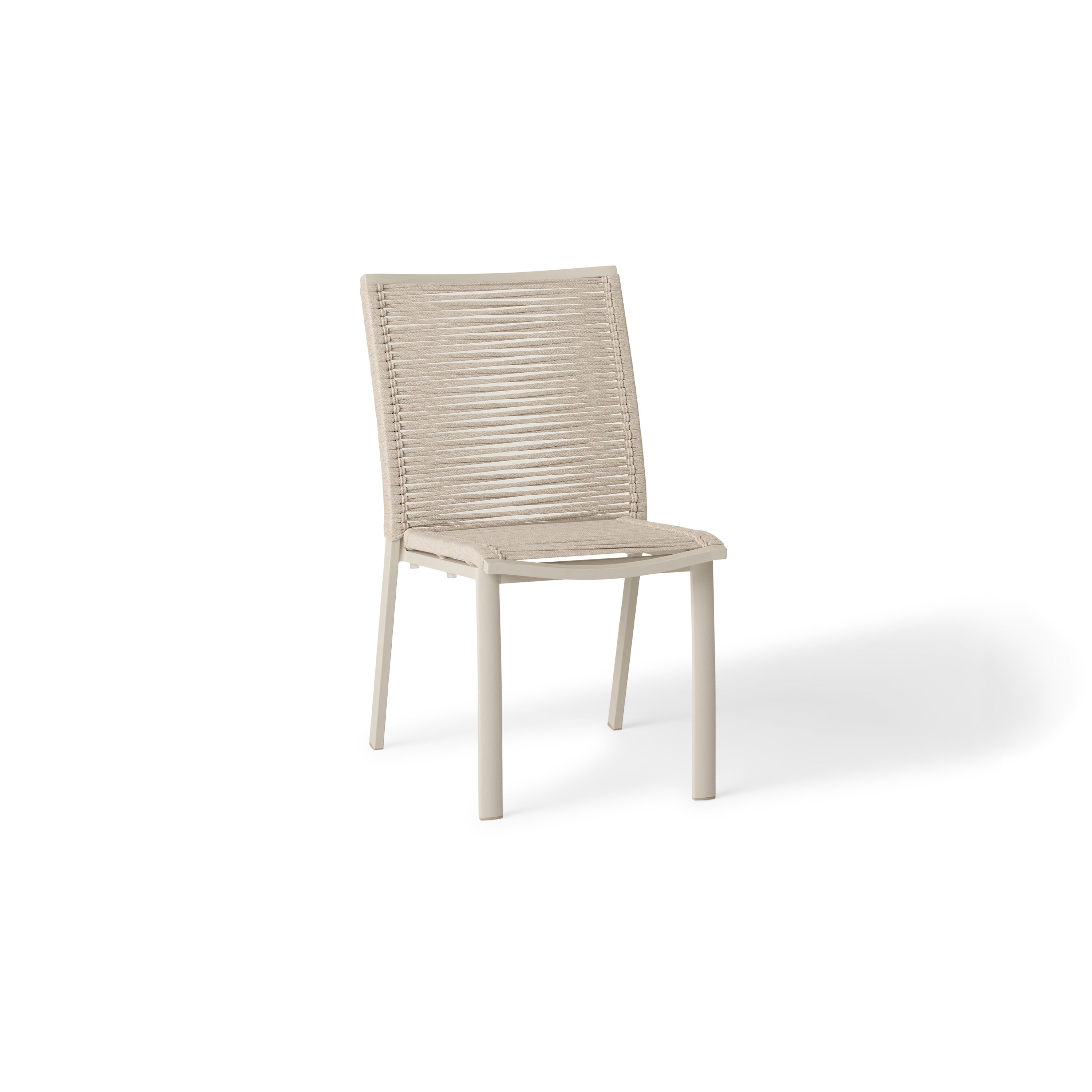 The Diablo Dining Side Chair in Dune by Terra Outdoor Living features squared off clean lines and rope wrapping for the seat and back. It has an armless design, and subtly scooped seat and back for ergonomics.