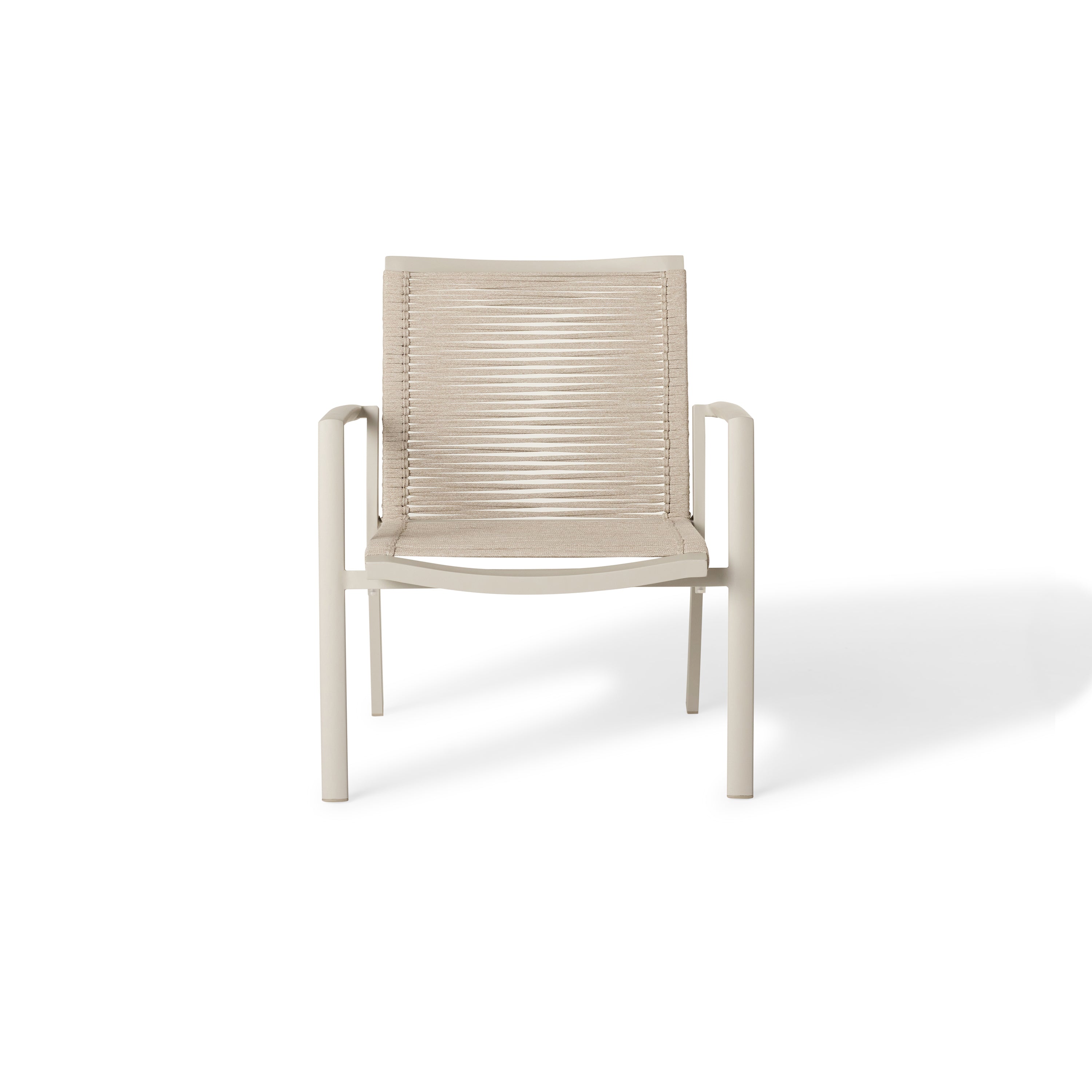 The Diablo Lounge Chair in Dune by Terra Outdoor Living features squared off clean lines and rope wrapping for the seat and back. It has arms for support, and subtly scooped seat and back for ergonomics.